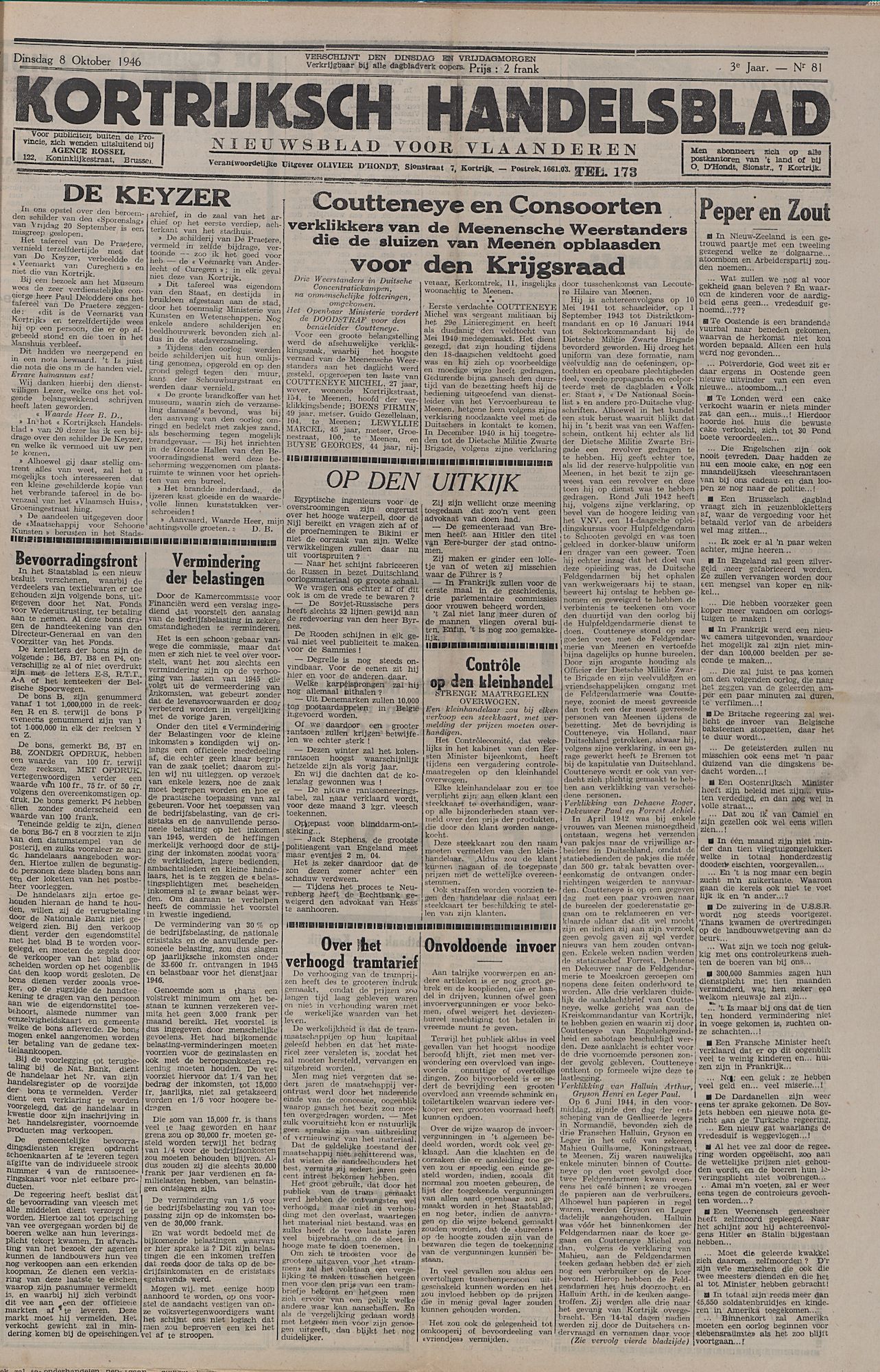 Kortrijksch Handelsblad 8 oktober 1946 Nr81 p1