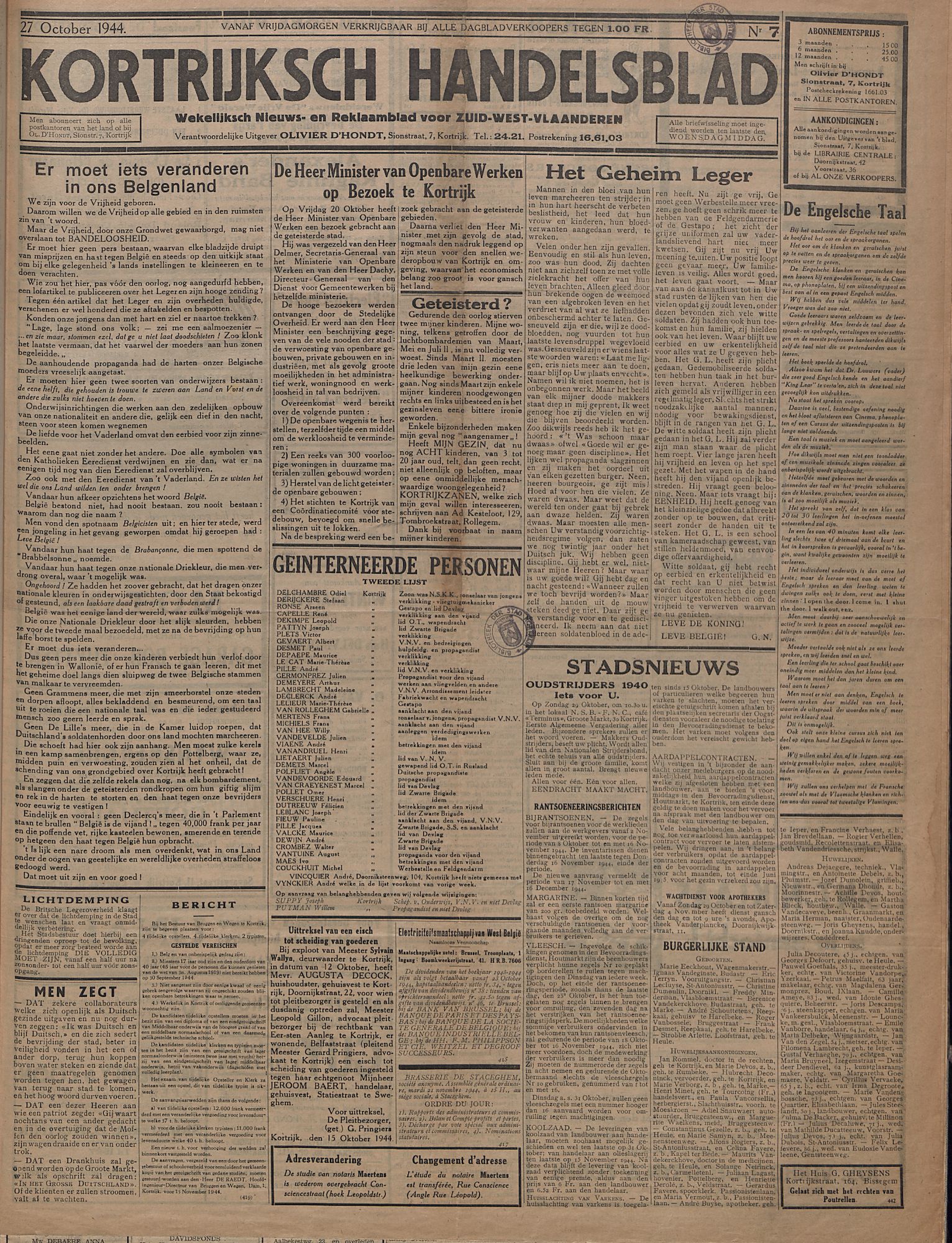 Kortrijksch Handelsblad 27 oktober 1944 Nr7 p1