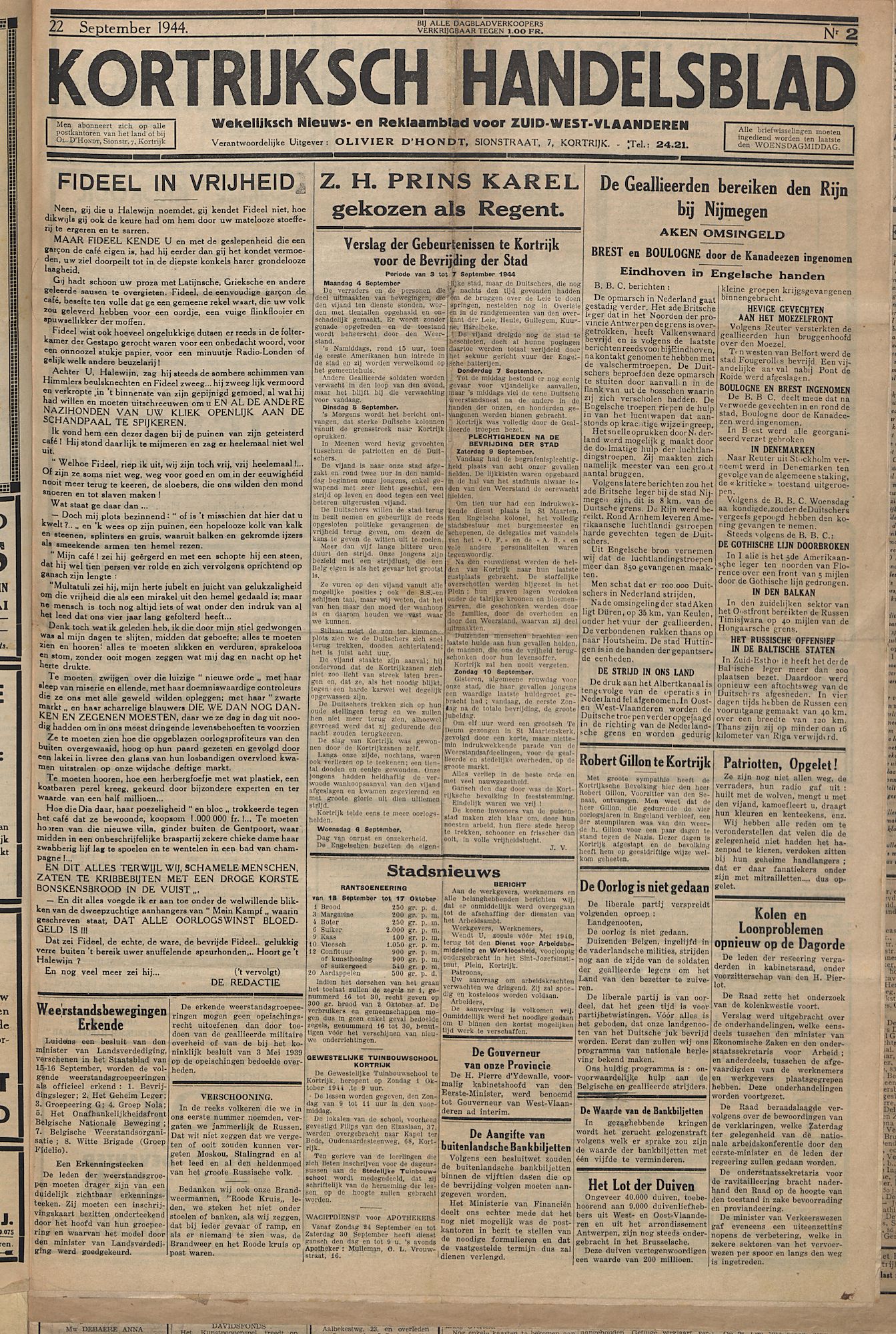 Kortrijksch Handelsblad 22 september 1944 Nr2 p1