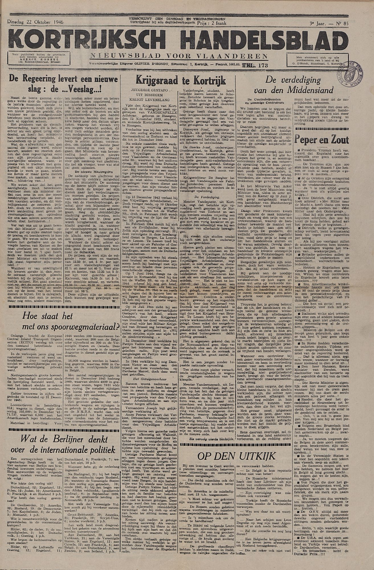 Kortrijksch Handelsblad 22 oktober 1946 Nr85 p1