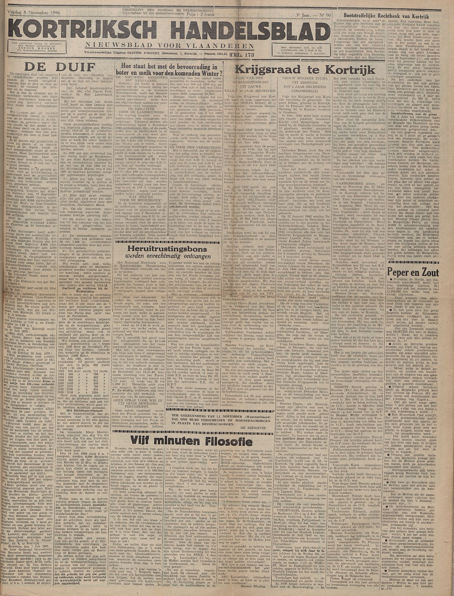 Kortrijksch Handelsblad 8 november 1946 Nr90 p1