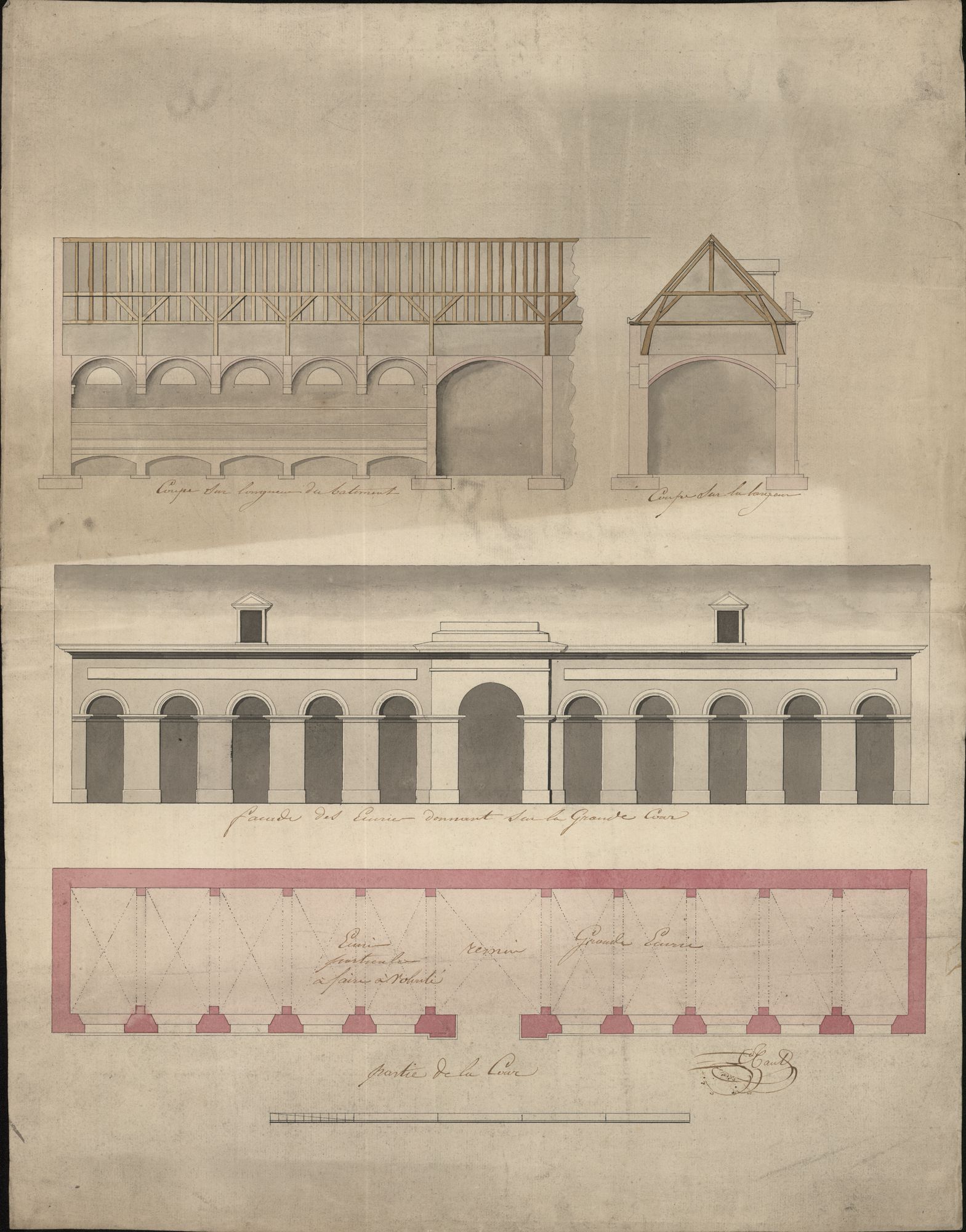 Bouwplan van een voorgevel en van twee doorsneden van een paardenstal voor de Rijkswacht te Kortrijk, opgemaakt door C. Tant, 19de eeuw