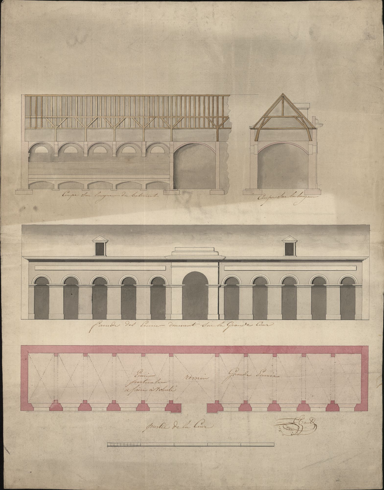 Bouwplan van een voorgevel en van twee doorsneden van een paardenstal voor de Rijkswacht te Kortrijk, opgemaakt door C. Tant, 19de eeuw