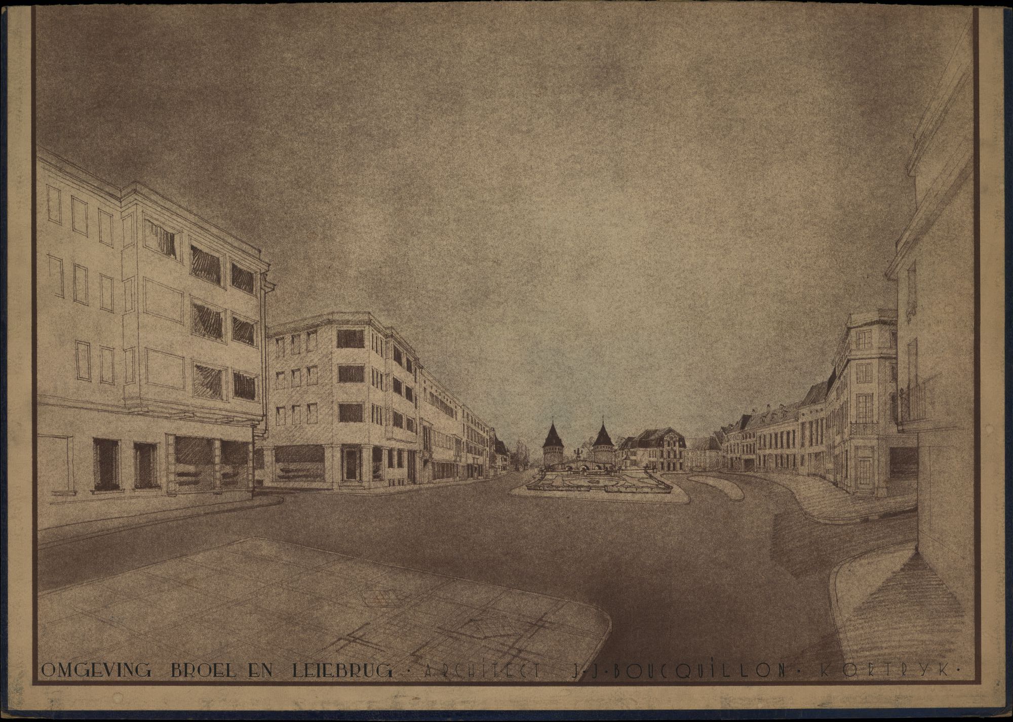 Plattegronden van ontwerpen en afbeeldingen van de omgeving van de Broel en de Leiebrug te Kortrijk, opgemaakt door J.J. Boucquillon, 1941