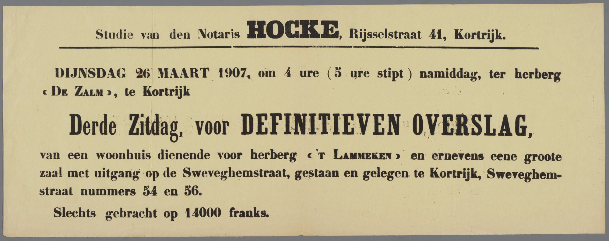 Verkoop woonhuis (herberg) te Kortrijk: definitieve toewijzing 1907