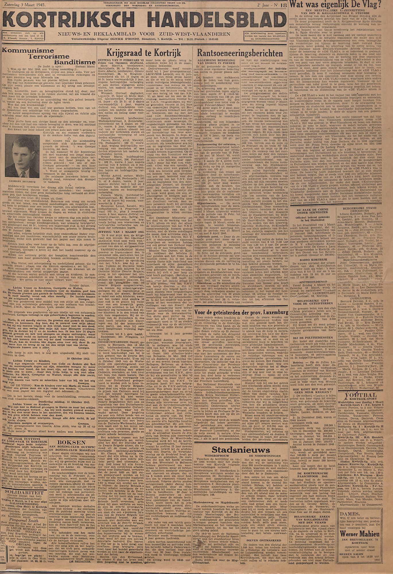 Kortrijksch Handelsblad 3 maart 1945 Nr18 p1