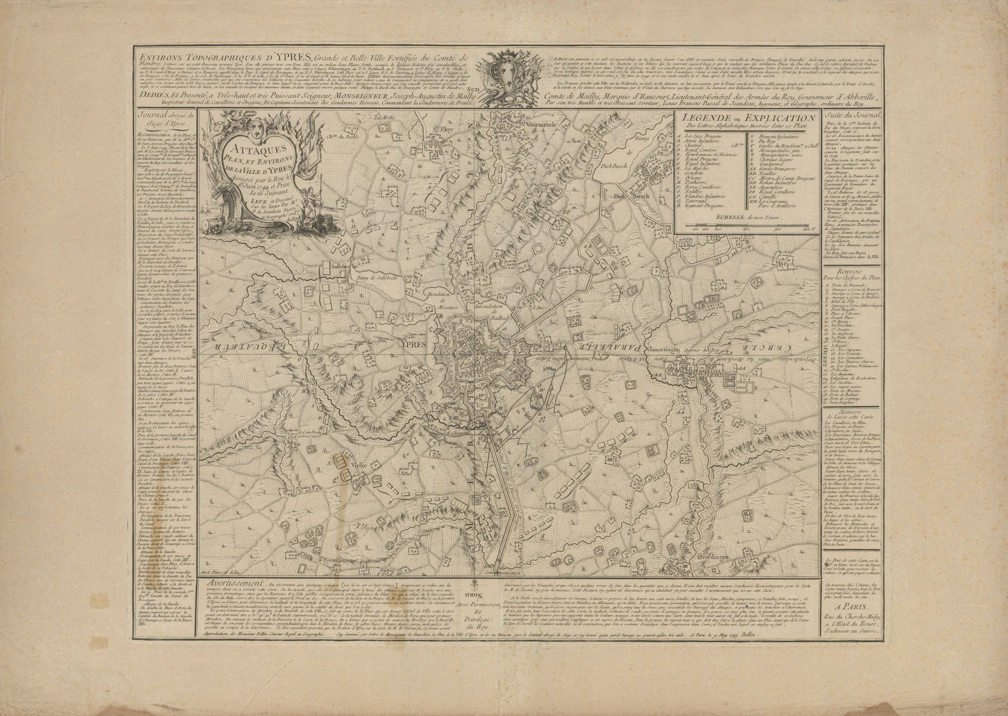 Westflandrica - Ieper, kaart van de stad en de omgeving tijdens het beleg van 1744