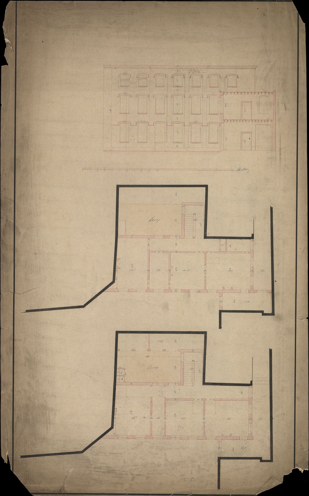 Plattegronden van de verbouwing van de burelen van de dienst van de burgerlijke stand en de dienst bevolking in het stadhuis te Kortrijk. Ontwerpen van kasten voor de technische dienst, 19de-20ste eeuw.