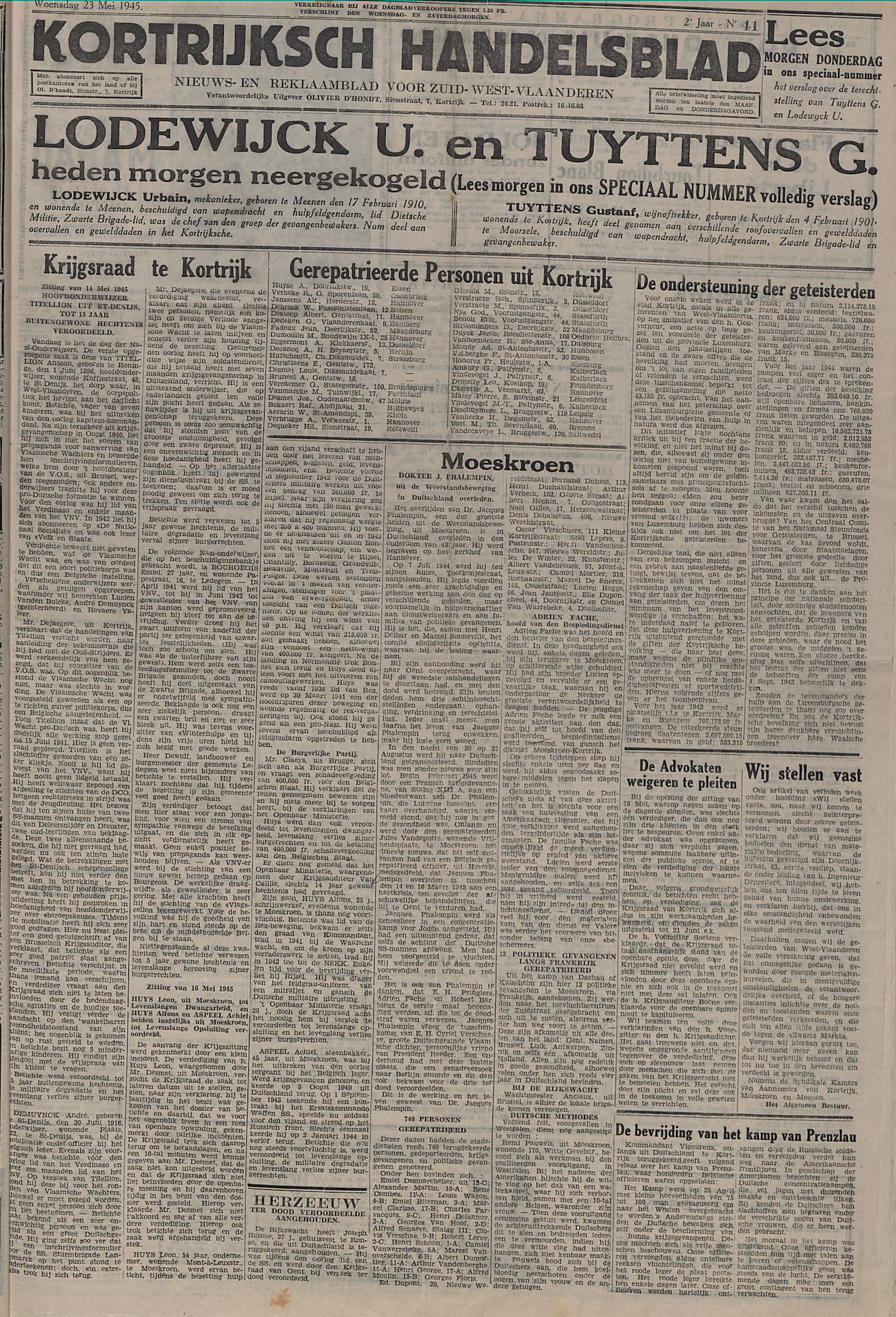 Kortrijksch Handelsblad 23 mei 1945 Nr41 p1