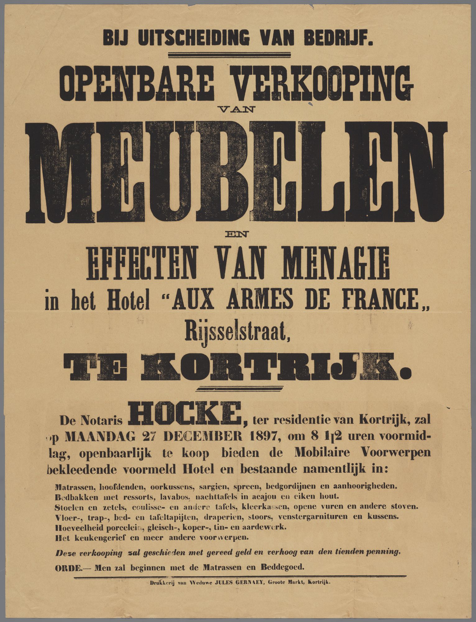 Verkoop inboedel van hotel "Aux armes de France" in de Rijselsestraat 1897