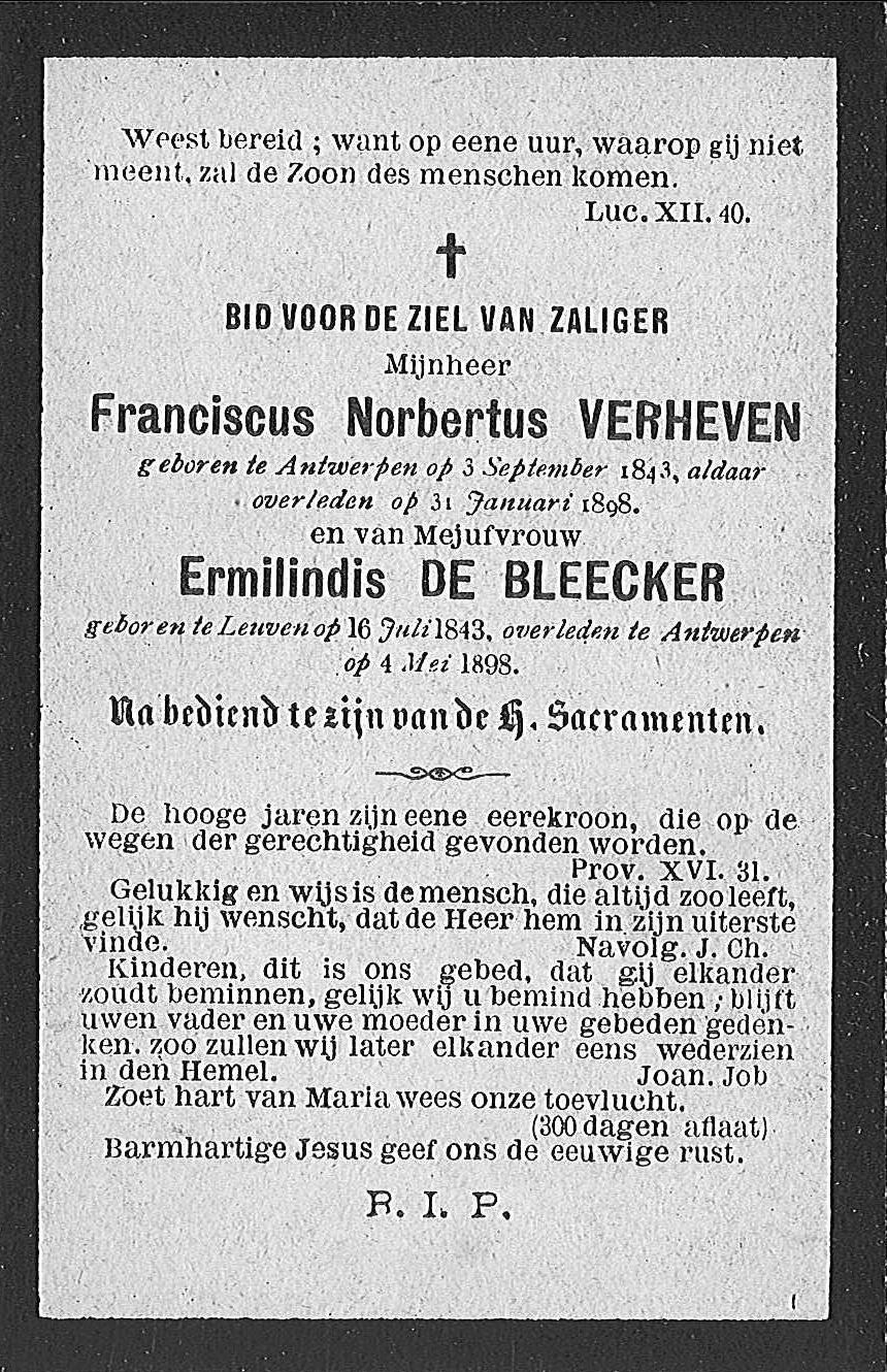 Franciscus Norbertus Verheven en Ermilindis De Bleecker