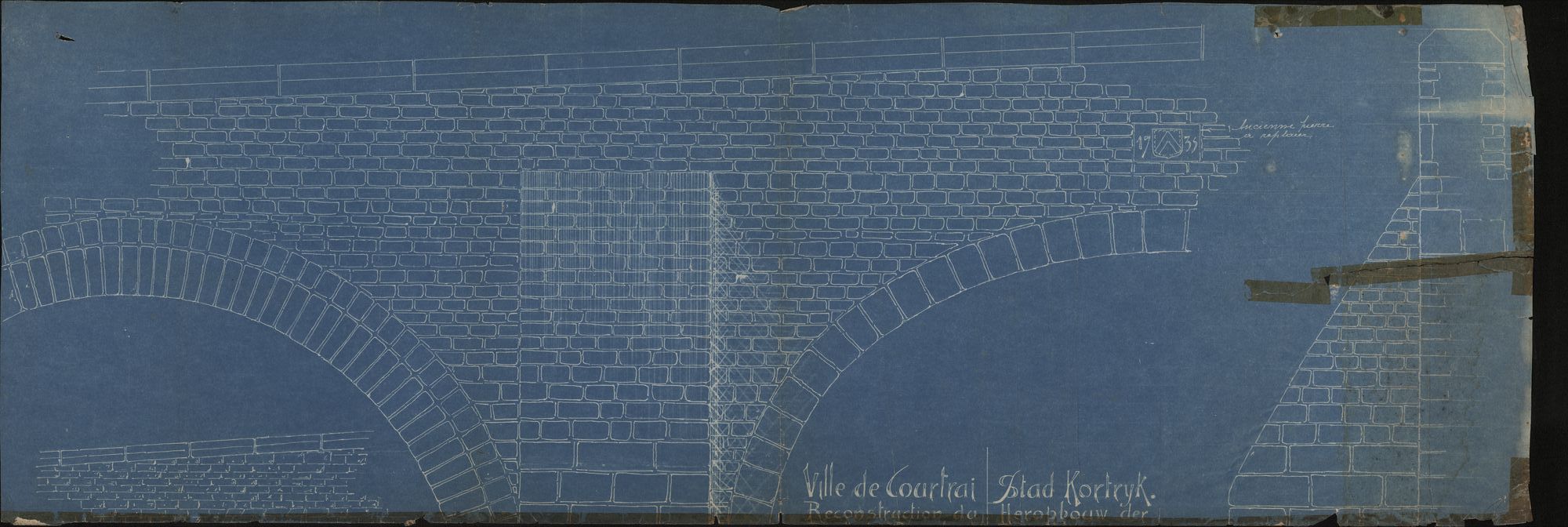 Plattegronden i.v.m. herstellingen aan de Broelbrug op de Leie te Kortrijk en de aanpalende kaaimuren die gedurende de vijandelijkheden waren vernield, 1922