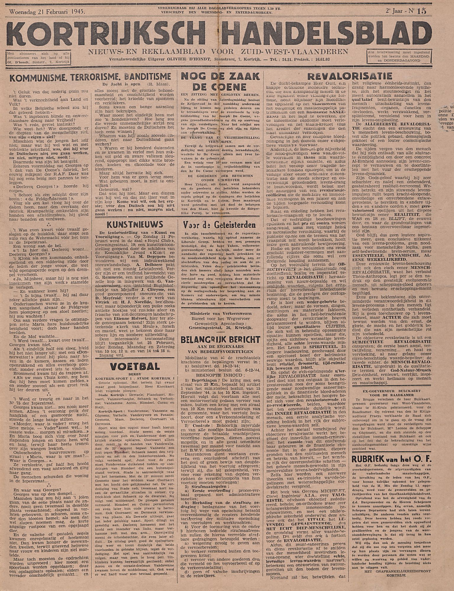 Kortrijksch Handelsblad 21 februari 1945 Nr15 p1