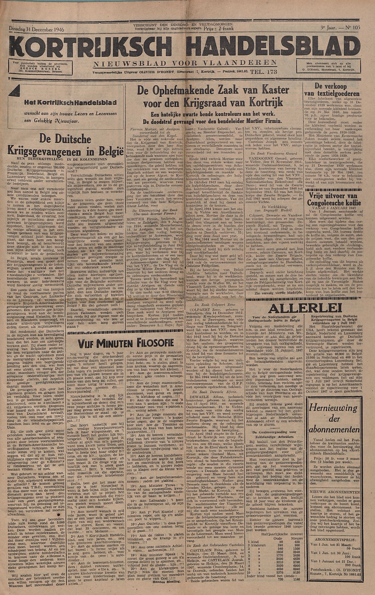 Kortrijksch Handelsblad 31 december 1946 Nr105 p1