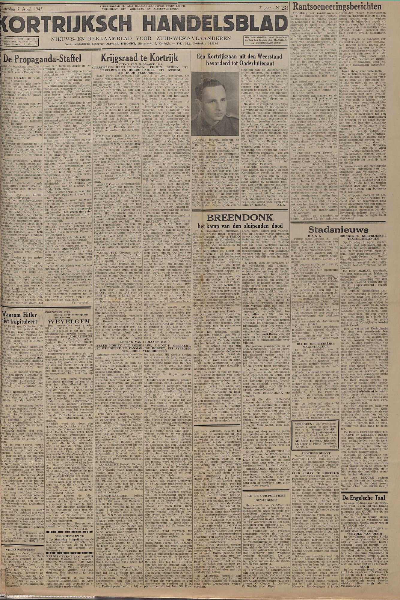 Kortrijksch Handelsblad 7 april 1945 Nr28 p1