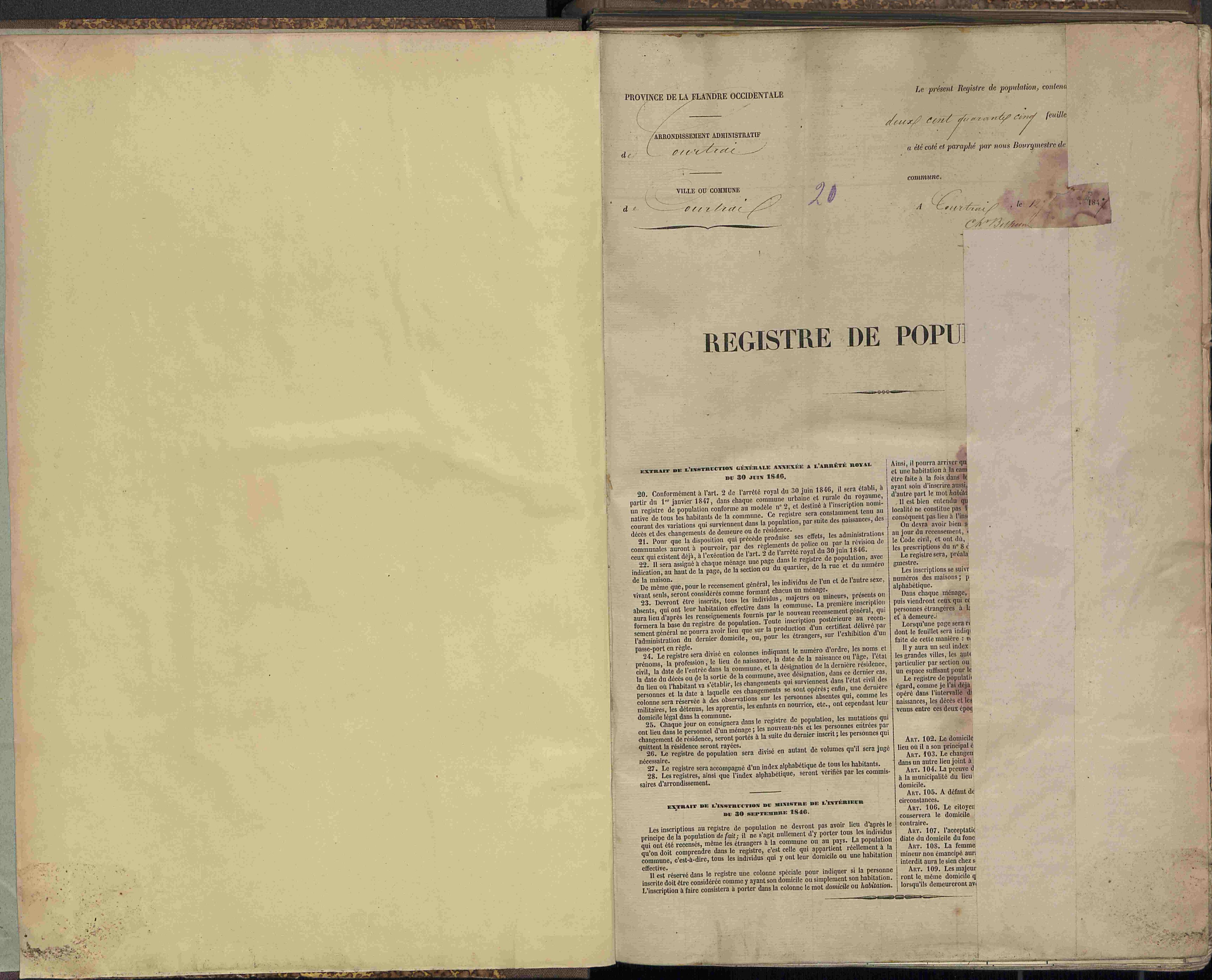Bevolkingsregister Kortrijk 1846 boek 20
