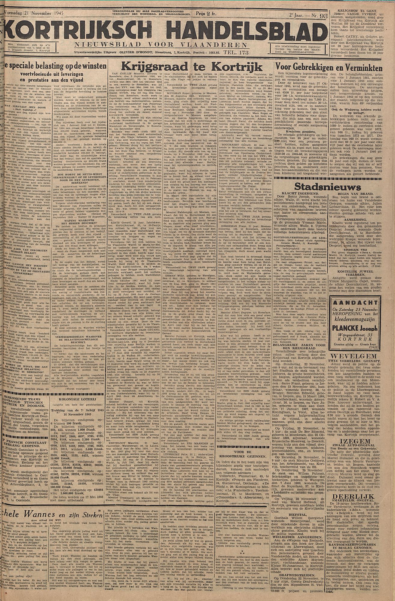 Kortrijksch Handelsblad 21 november 1945 Nr 93 p1