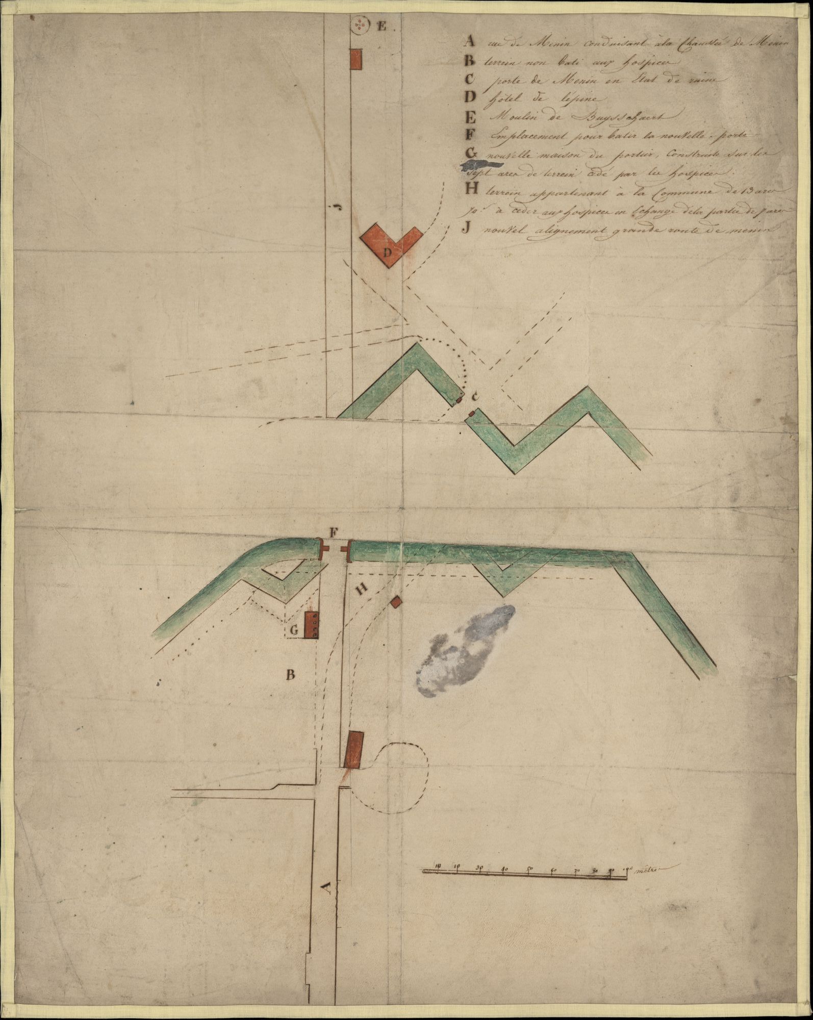 Plattegrond voor de bouw van een nieuwe Meensepoort, een huis voor de poortwachter en voor het verleggen van de Meensesteenweg te Kortrijk, ± 1825