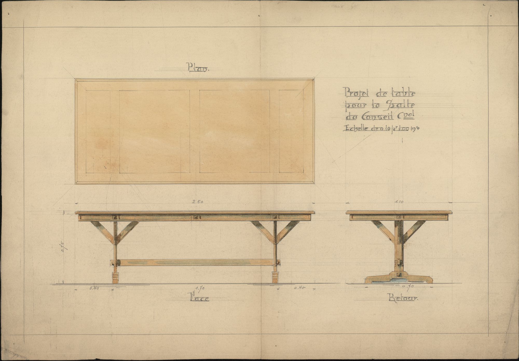 Plattegronden en figuratieve tekeningen i.v.m. tafel en stoelen voor de gemeenteraadszaal in het stadhuis te Kortrijk, 1872-1912