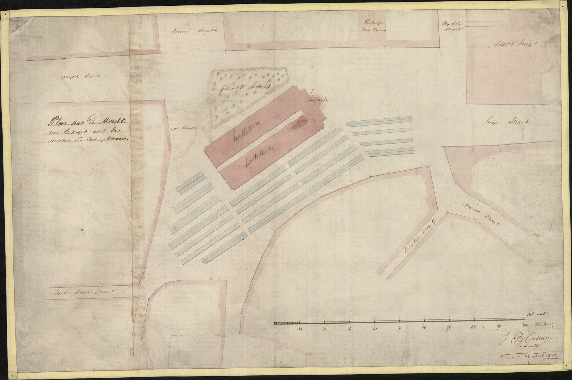 Plattegrond van de Grote Markt, het Halletorentje en de aanpalende straten te Kortrijk, opgemaakt door J.B. Casaer, 1823