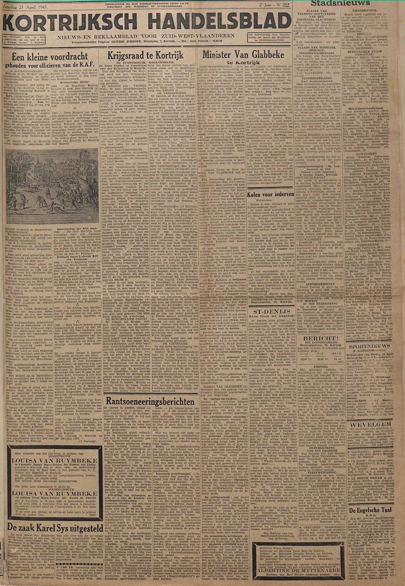 Kortrijksch Handelsblad 21 april 1945 Nr32 p1