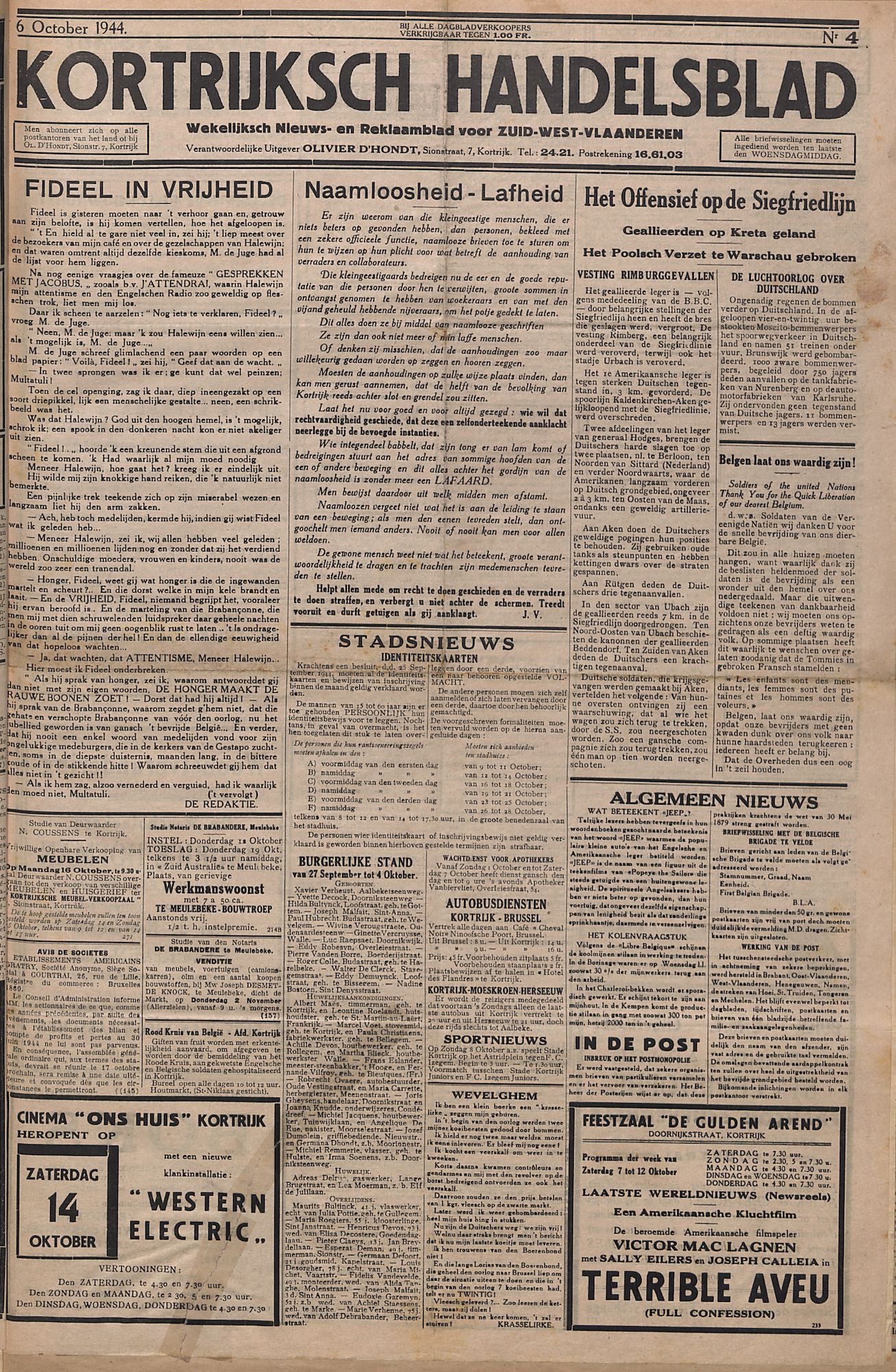 Kortrijksch Handelsblad 6 oktober 1944 Nr4 p1