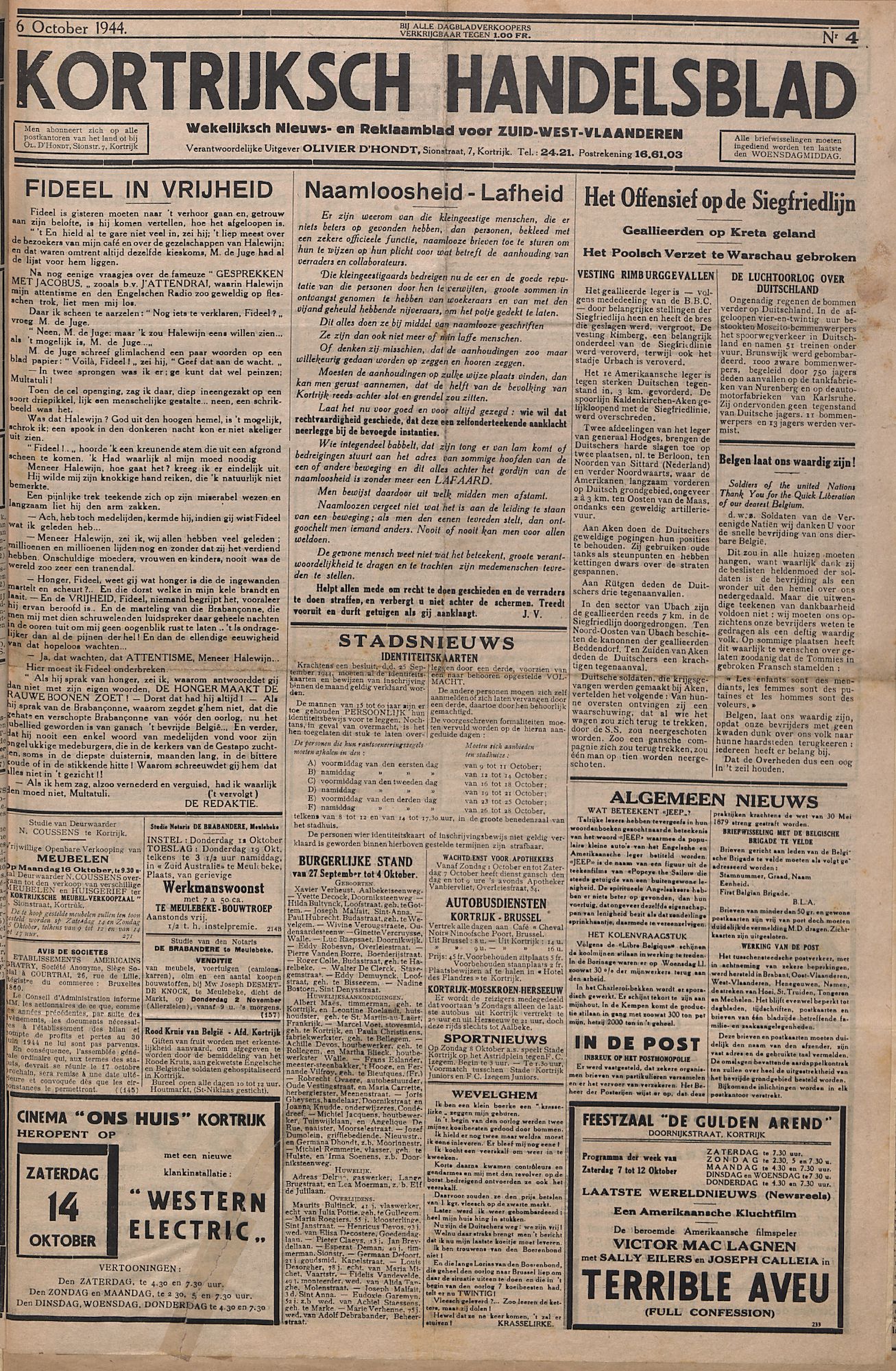 Kortrijksch Handelsblad 6 oktober 1944 Nr4 p1 