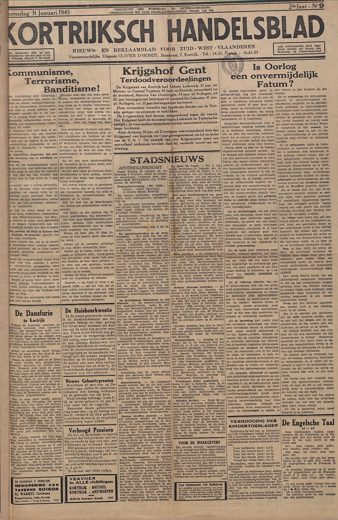 Kortrijksch Handelsblad 31 januari 1945 Nr9 p1