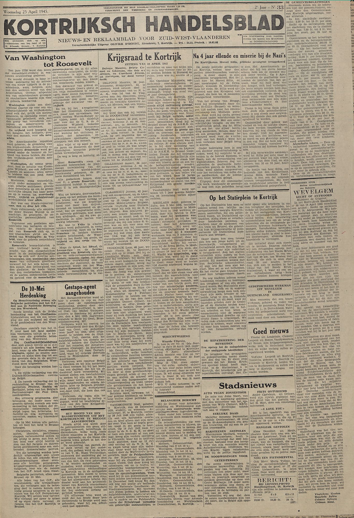 Kortrijksch Handelsblad 25 april 1945 Nr33 p1
