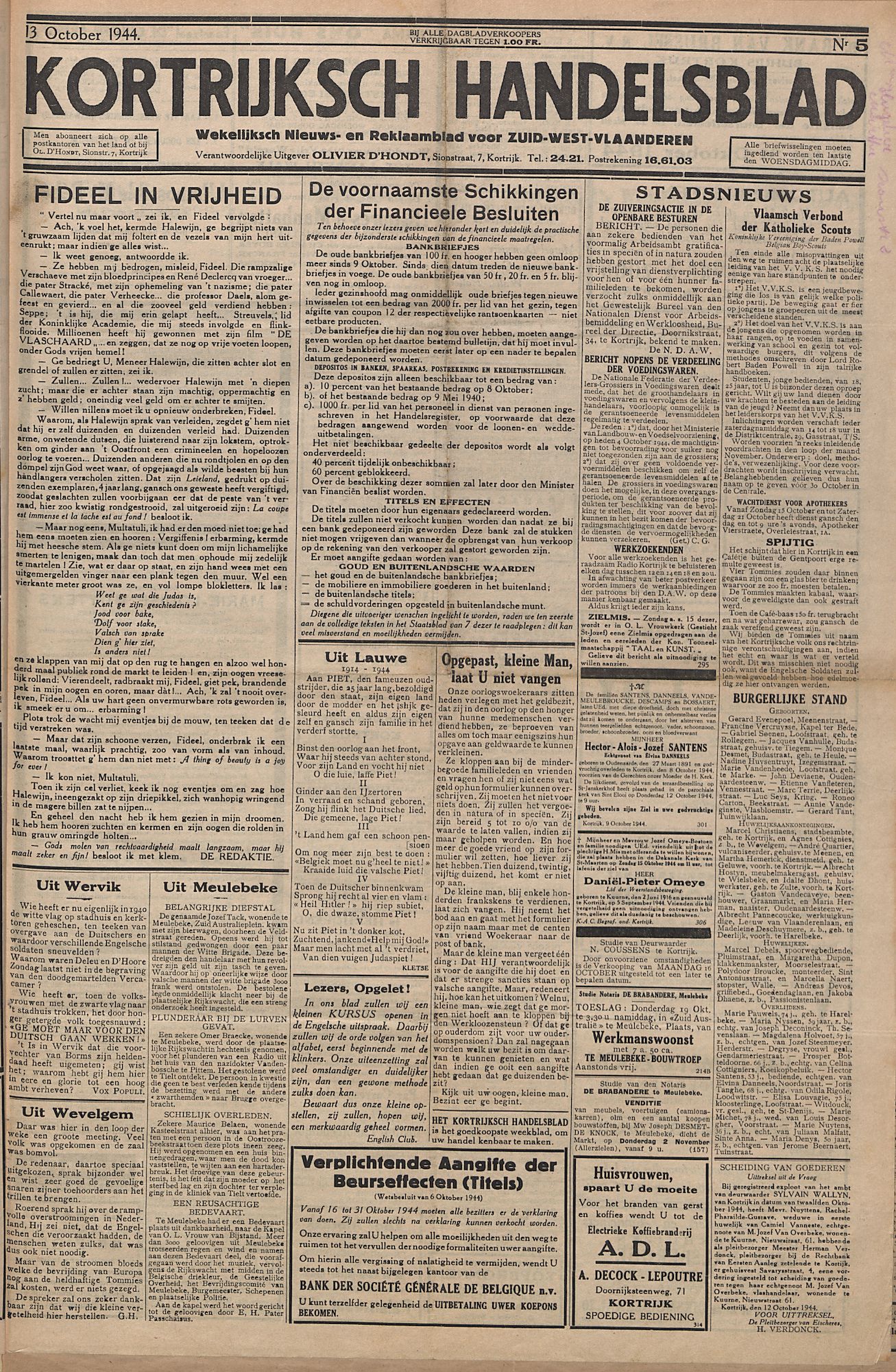 Kortrijksch Handelsblad 13 oktober 1944 Nr5 p1