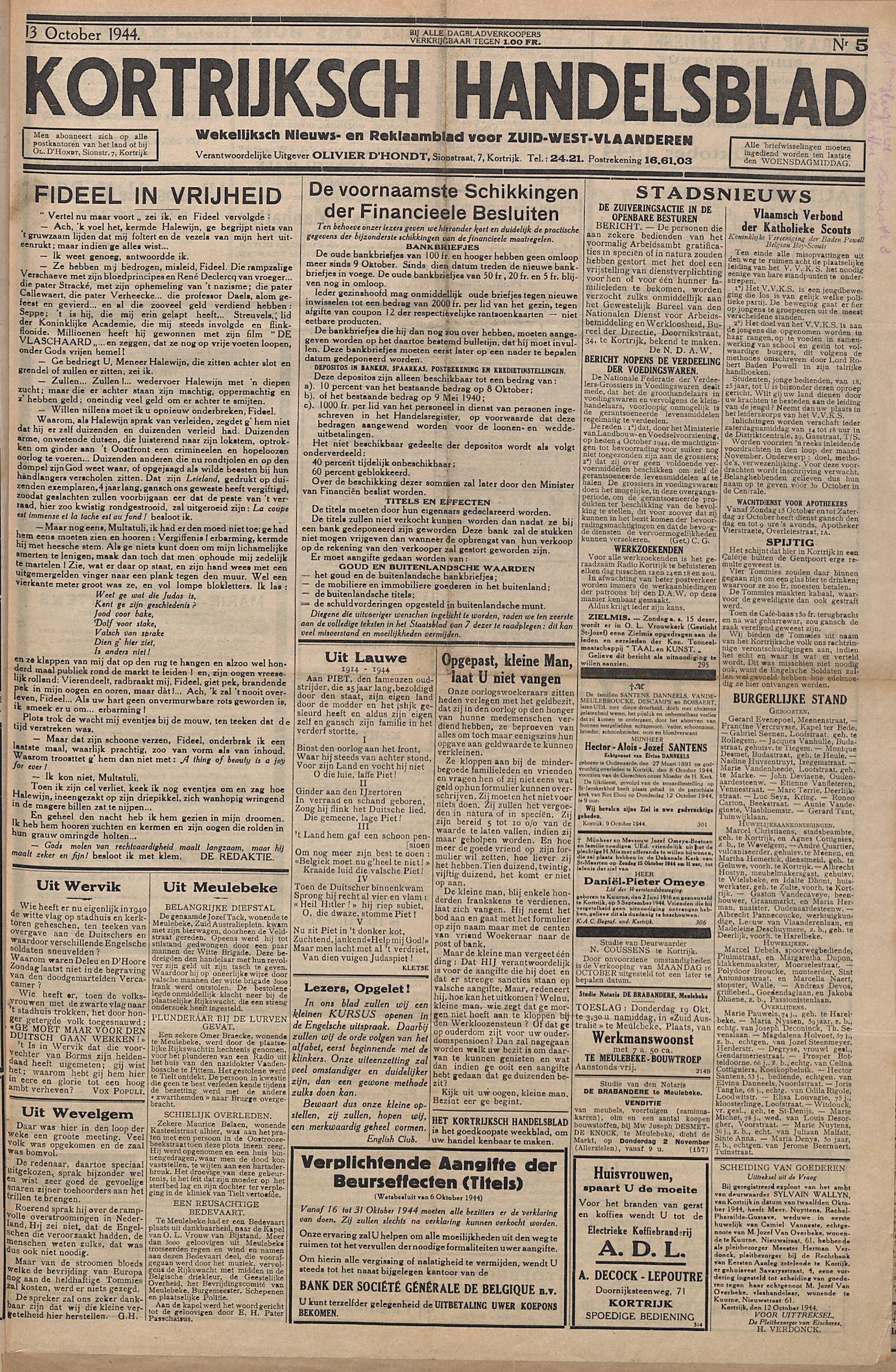 Kortrijksch Handelsblad 13 oktober 1944 Nr5 p1