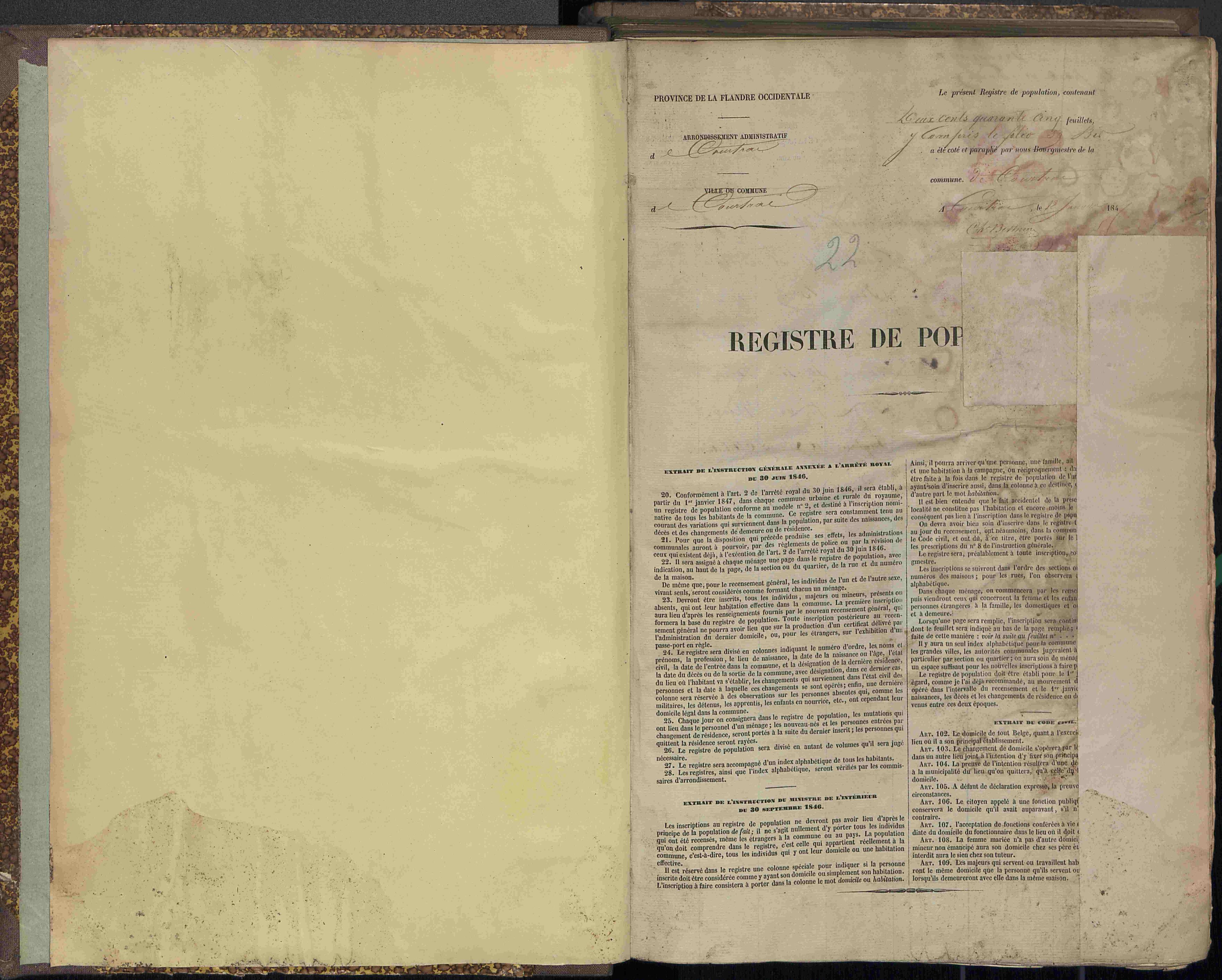 Bevolkingsregister Kortrijk 1846 boek 22