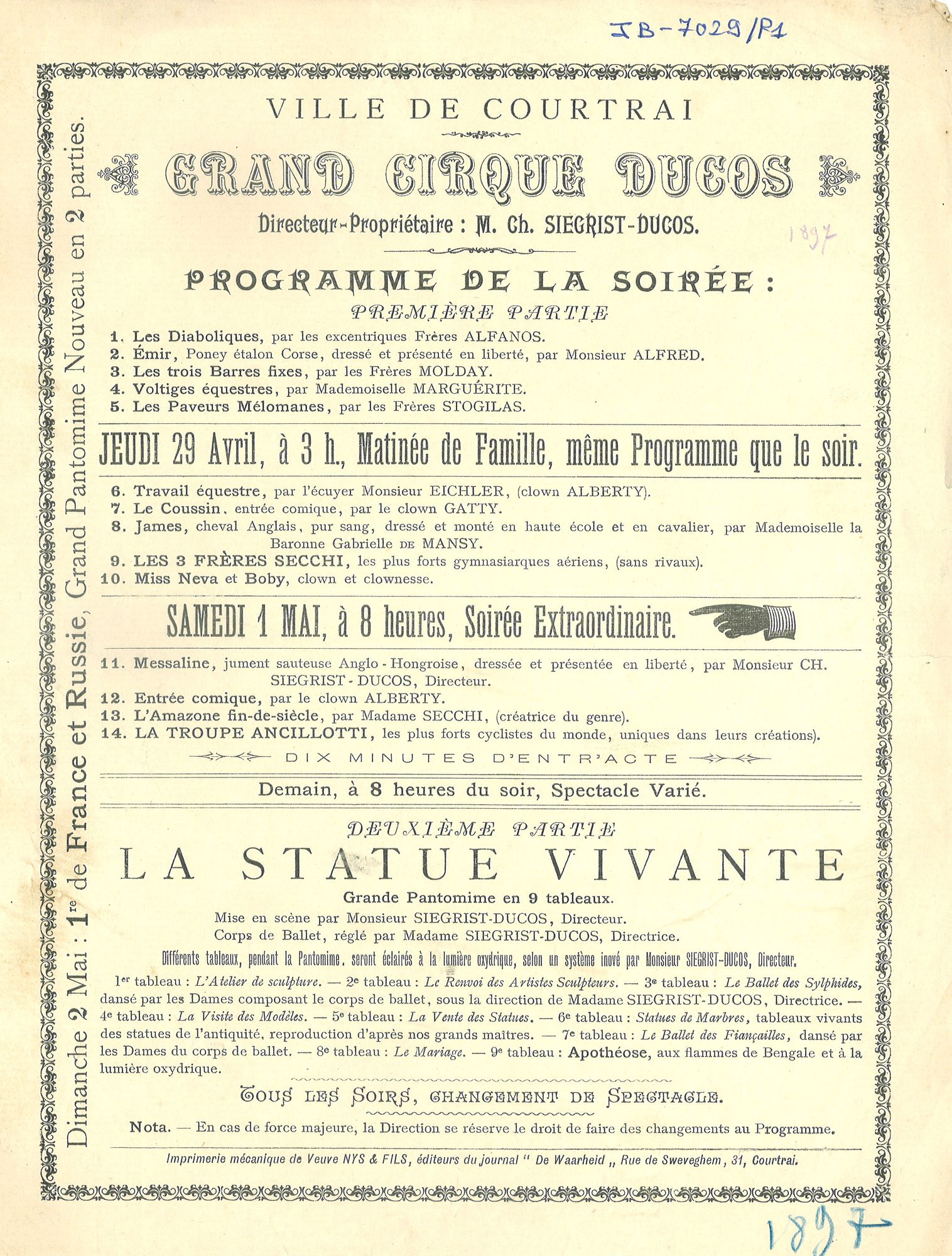 Paasfoor 1897: programma van "Grand Cirque Ducos"