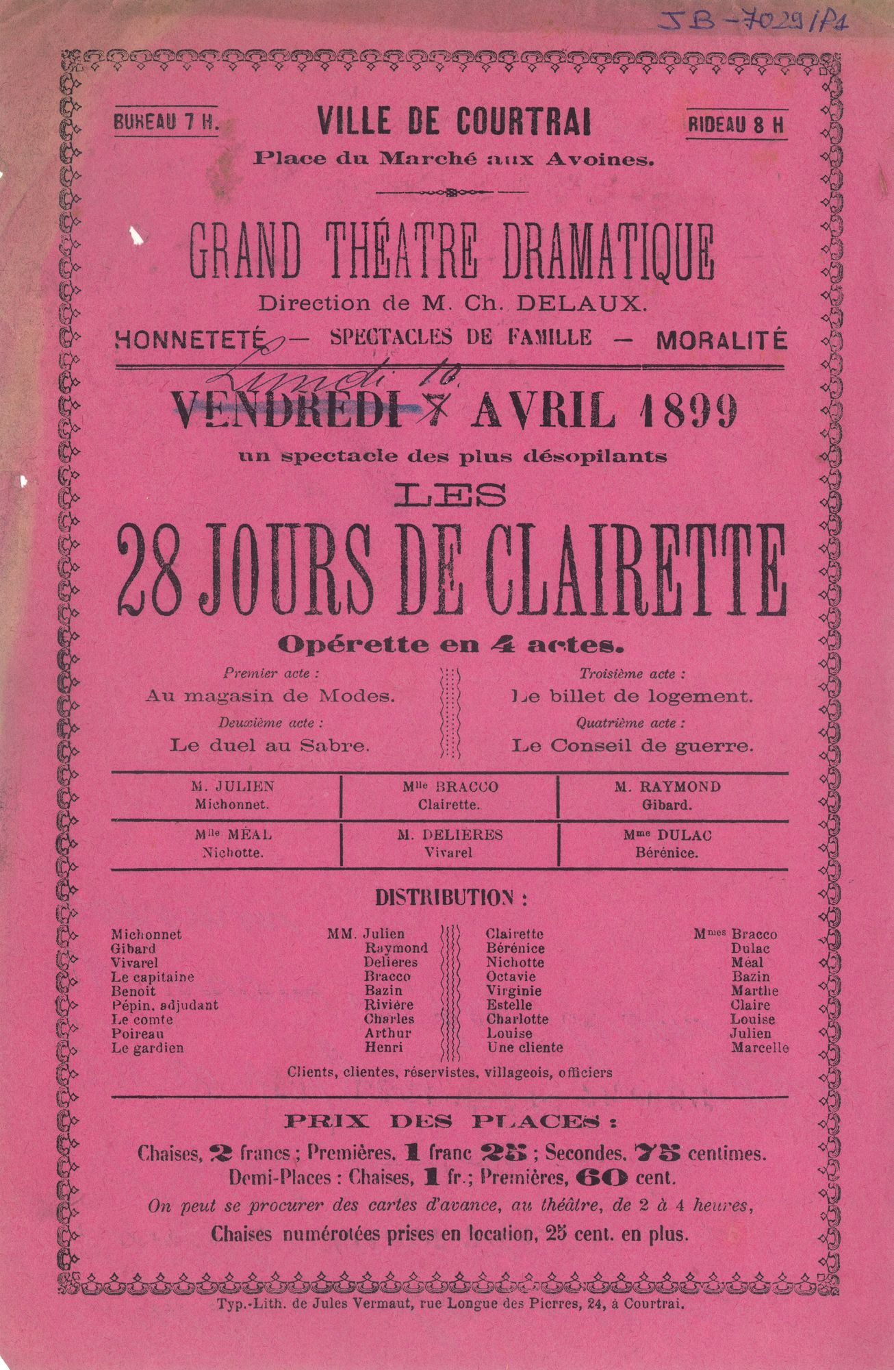 Paasfoor 1899: operette "Les 28 jours de Clairette