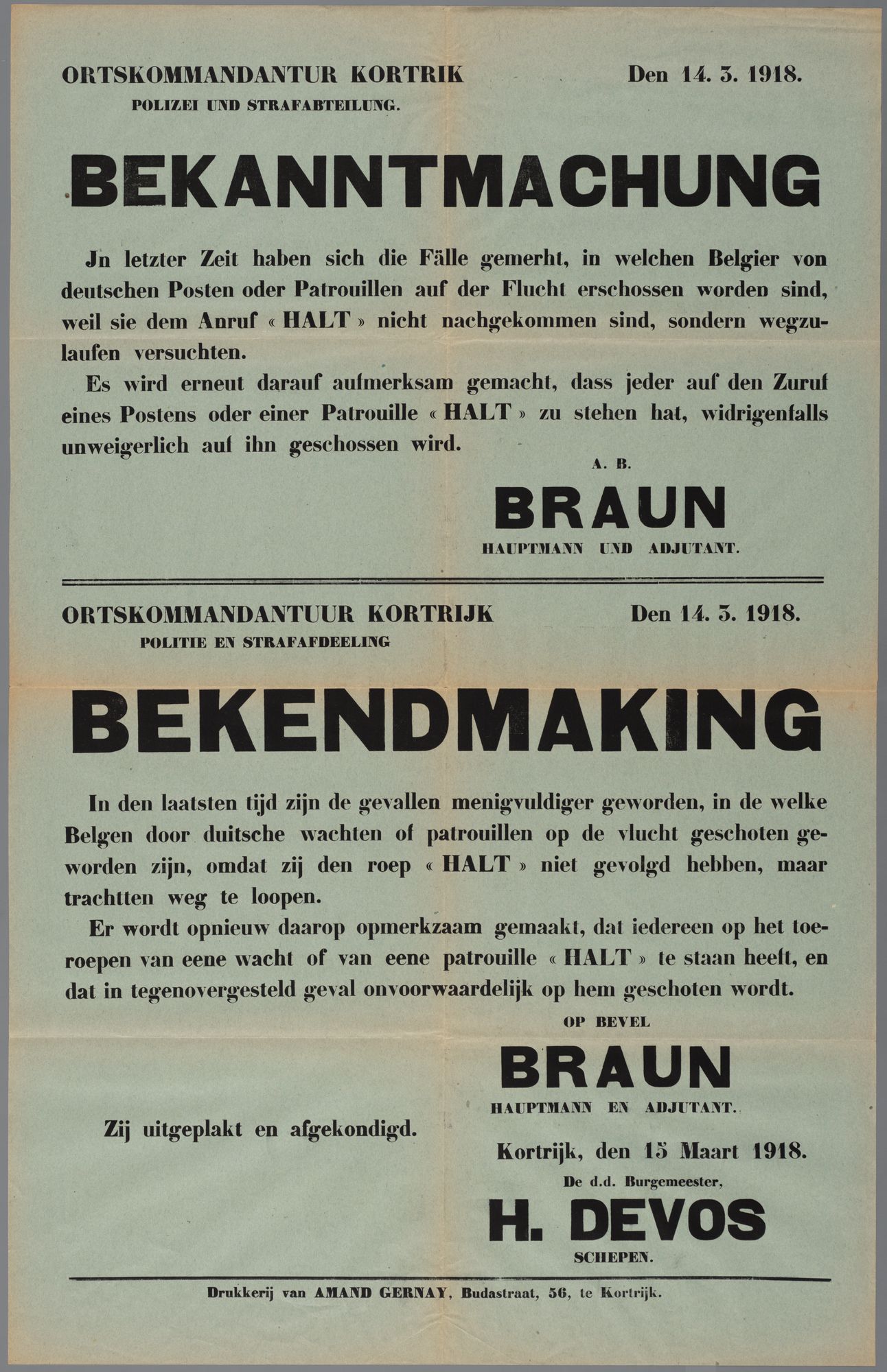 Bekendmaking van de Duitse Militaire overheid 1918