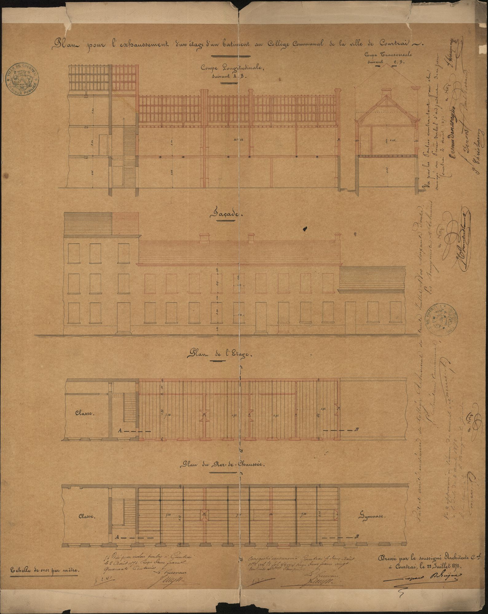 Bouwplan met ontwerp tot het ophogen met een verdieping van een gebouw met klassen aan de noordzijde van het Sint-Amandscollege te Kortrijk, 1872