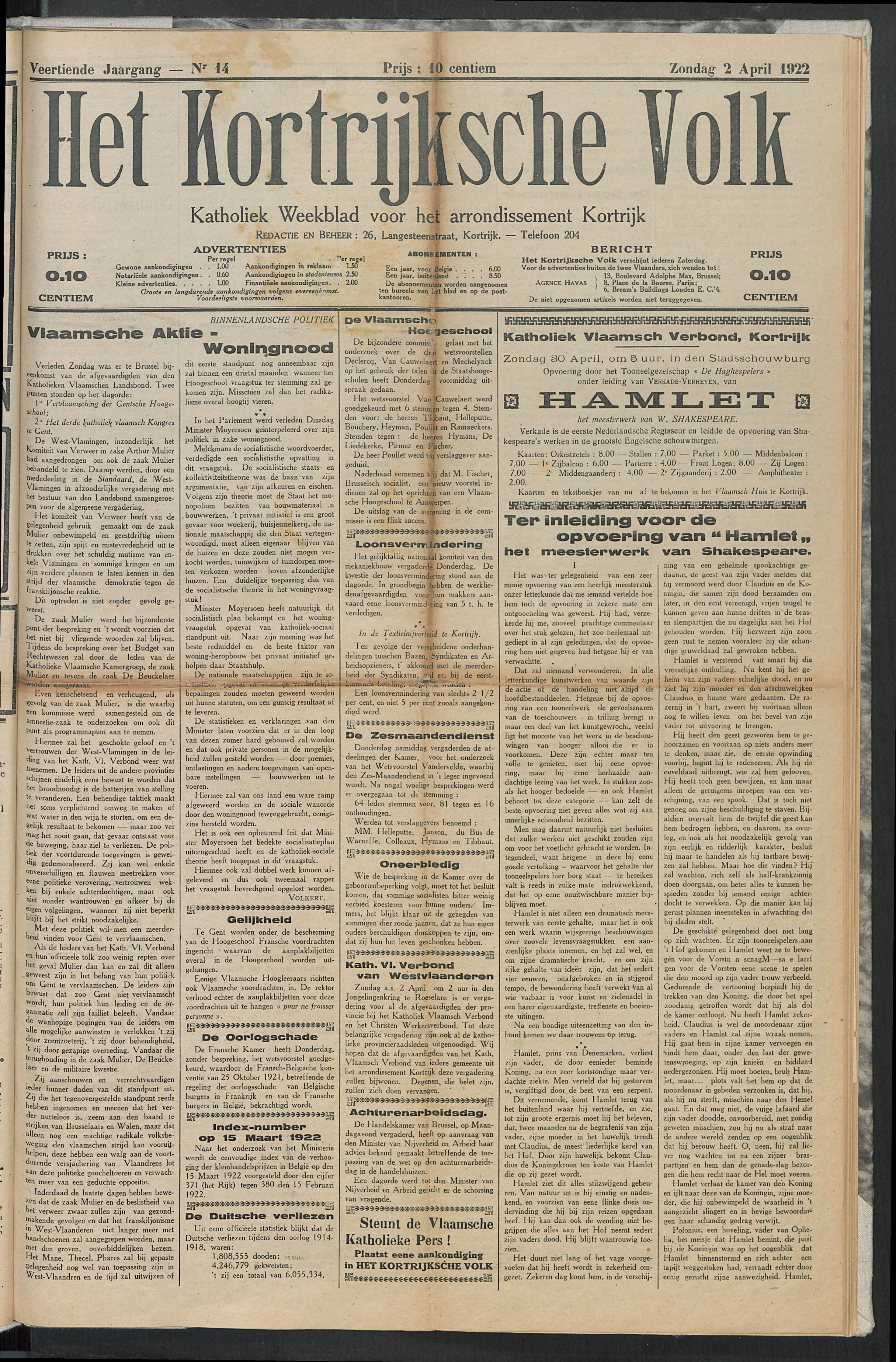 Het Kortrijksche Volk 1922-04-02 p1