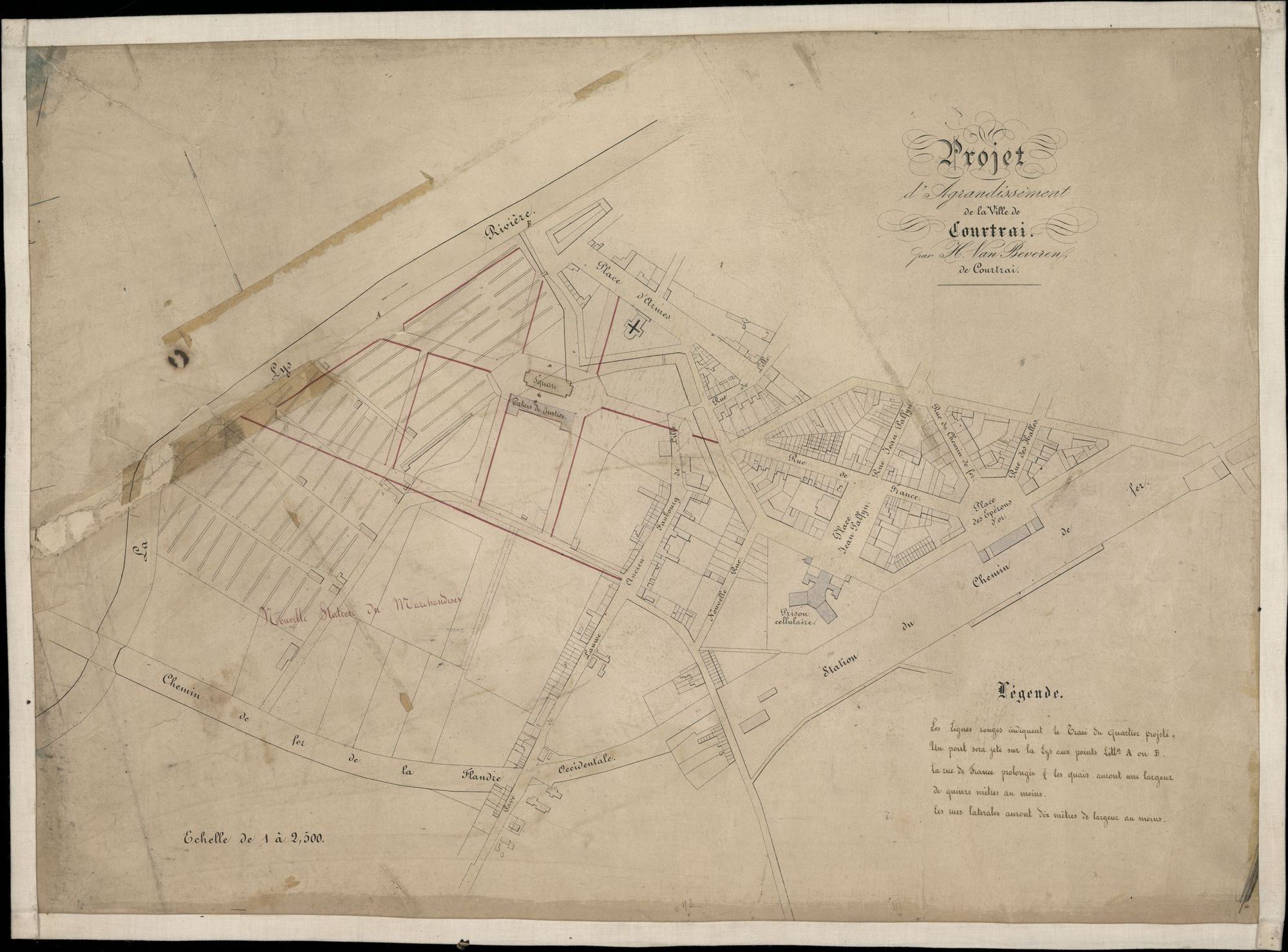 Plattegrond met ontwerp van uitbreiding aan de westkant van de stad Kortrijk, begrensd door de Leie, de spoorweg, het station, de Sint-Jorisstraat, het President Rooseveltplein, opgemaakt door H. Van Beveren, 1864