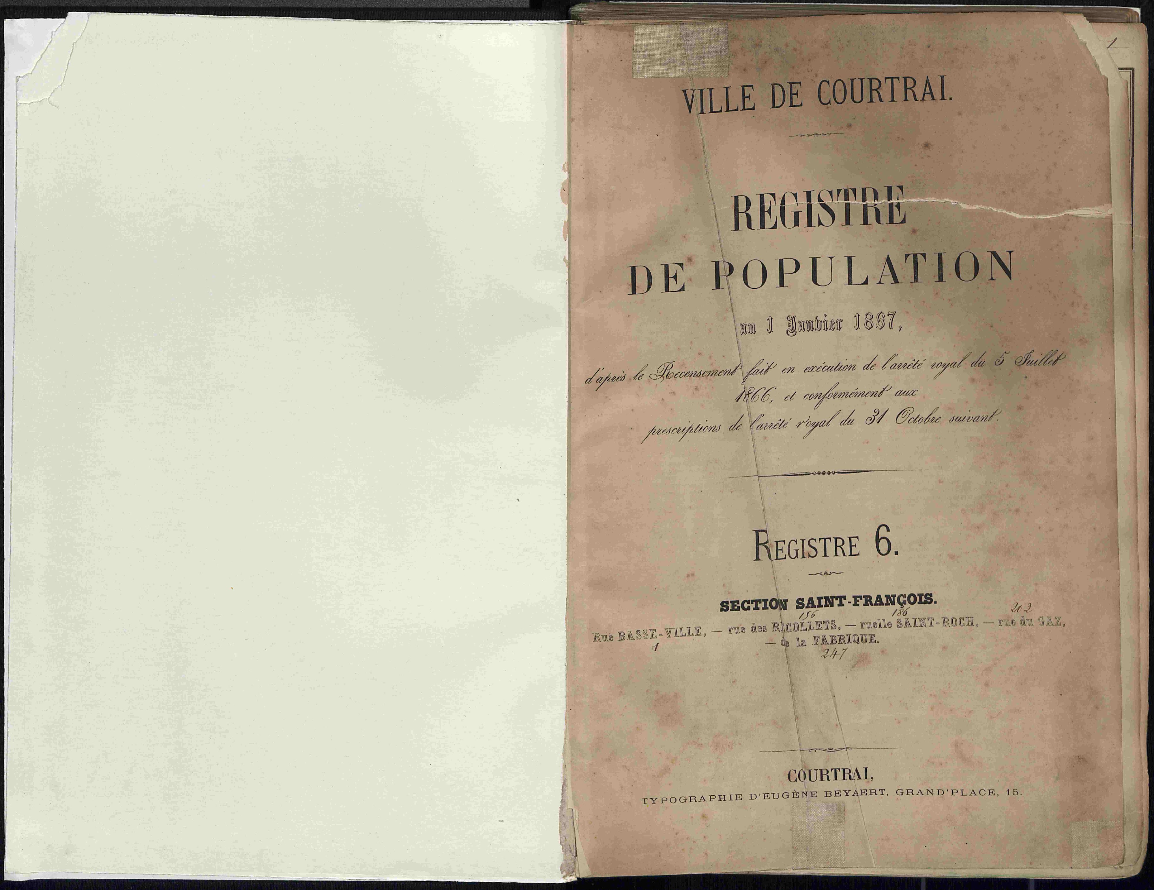 Bevolkingsregister Kortrijk 1866 boek 6