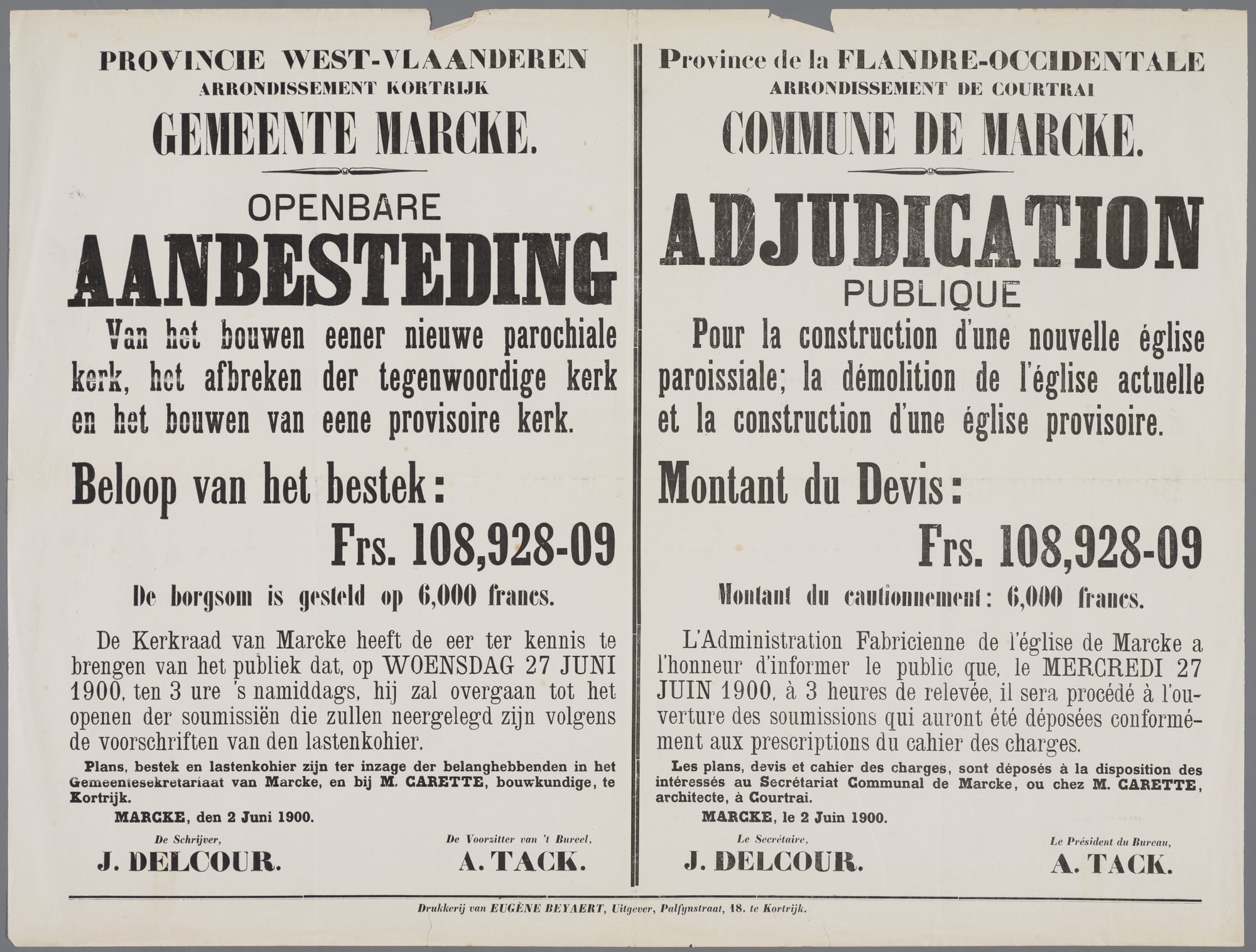 Openbare aanbesteding Kerkraad gemeente Marke 1900