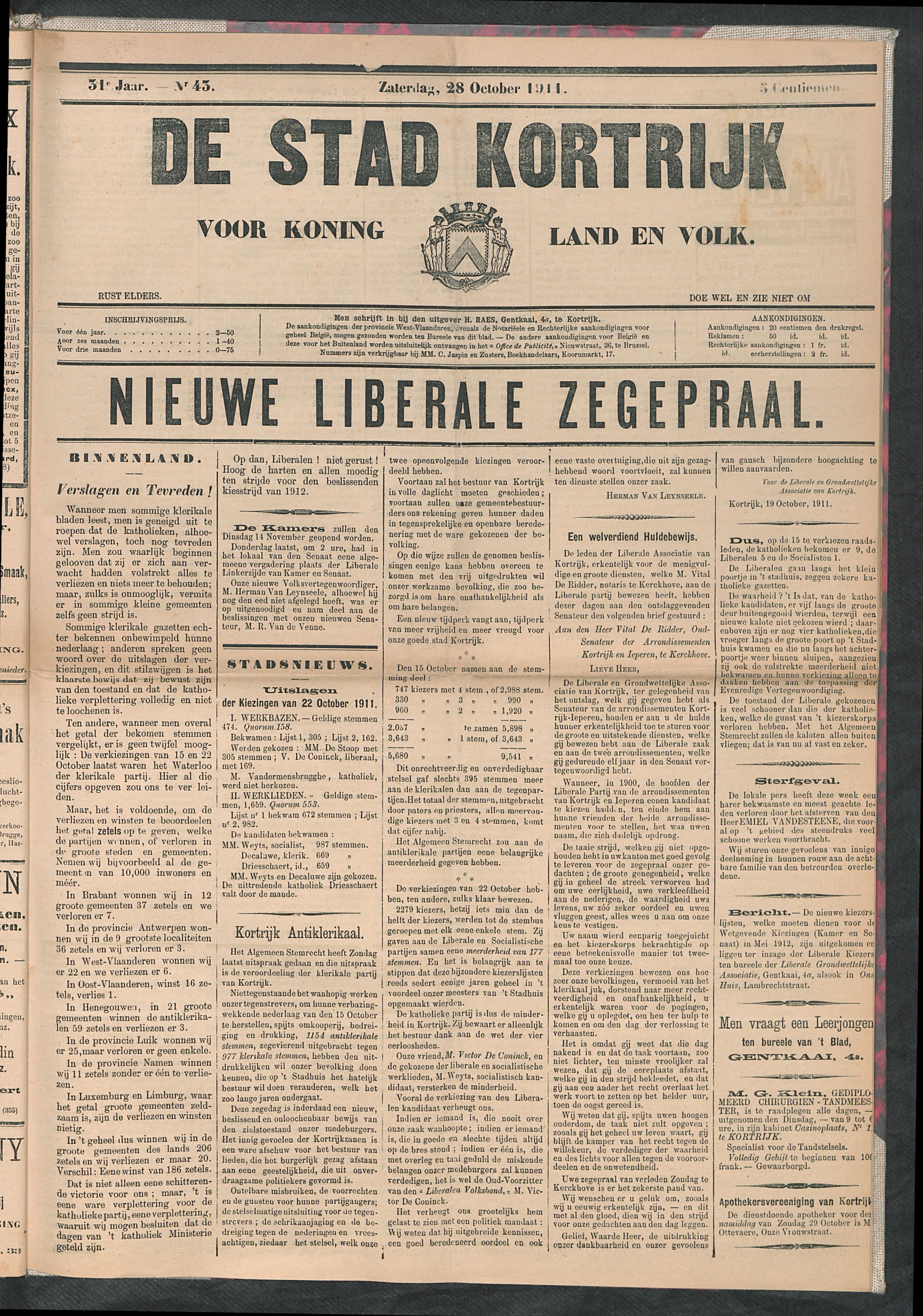 De Stad Kortrijk 1911-10-28 p1