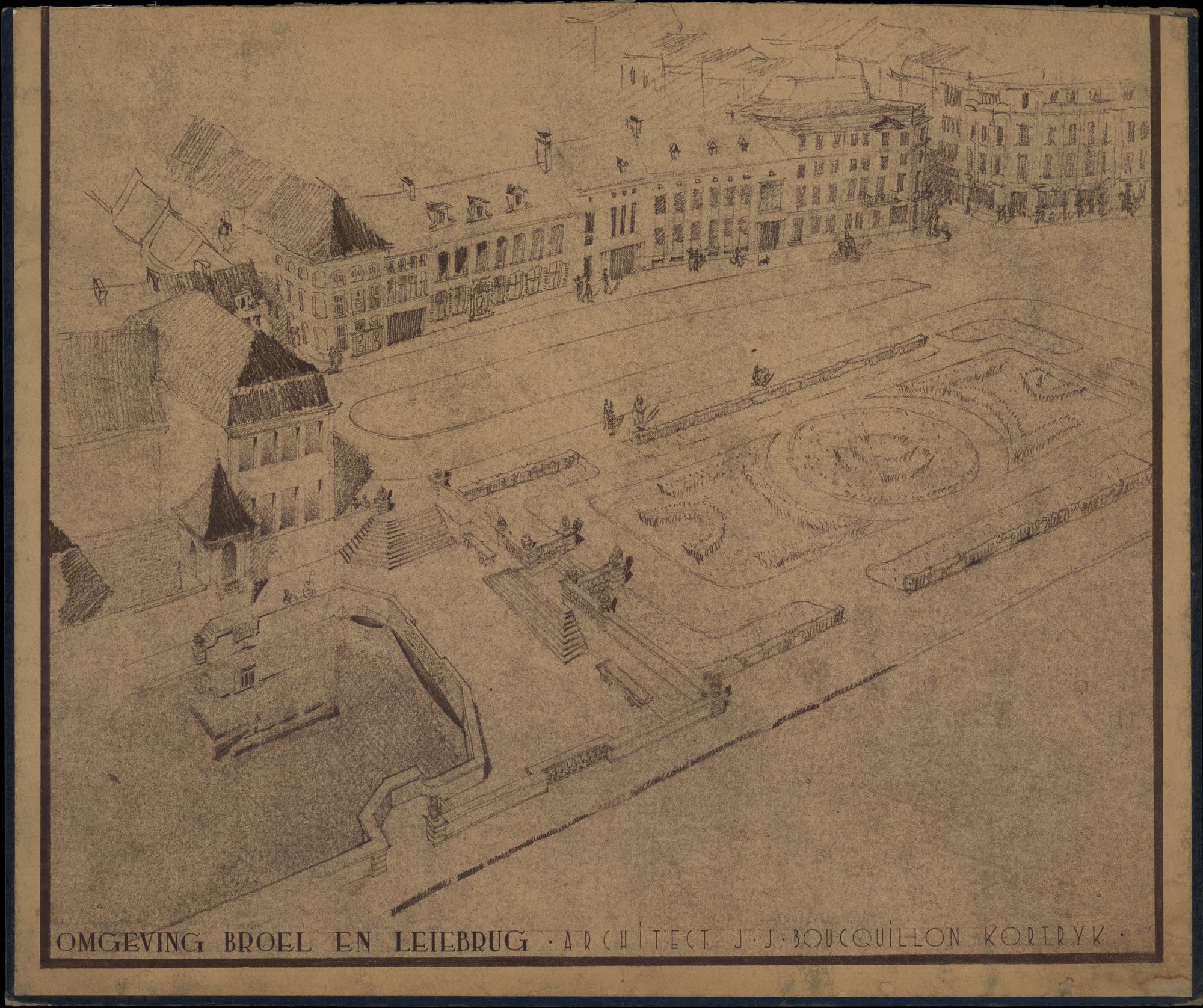 Plattegronden van ontwerpen en afbeeldingen van de omgeving van de Broel en de Leiebrug te Kortrijk, opgemaakt door J.J. Boucquillon, 1941