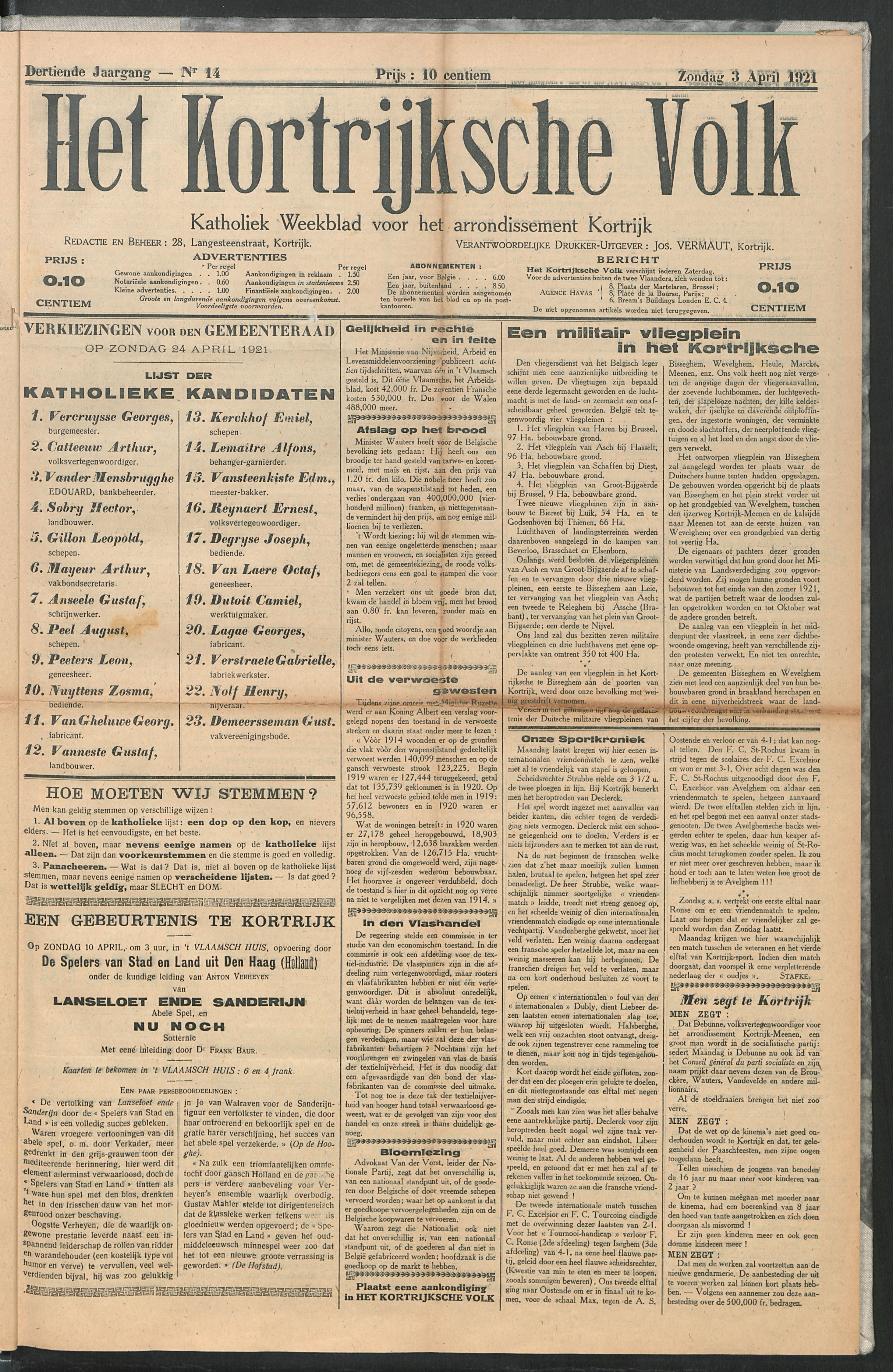 Het Kortrijksche Volk 1921-04-03 p1