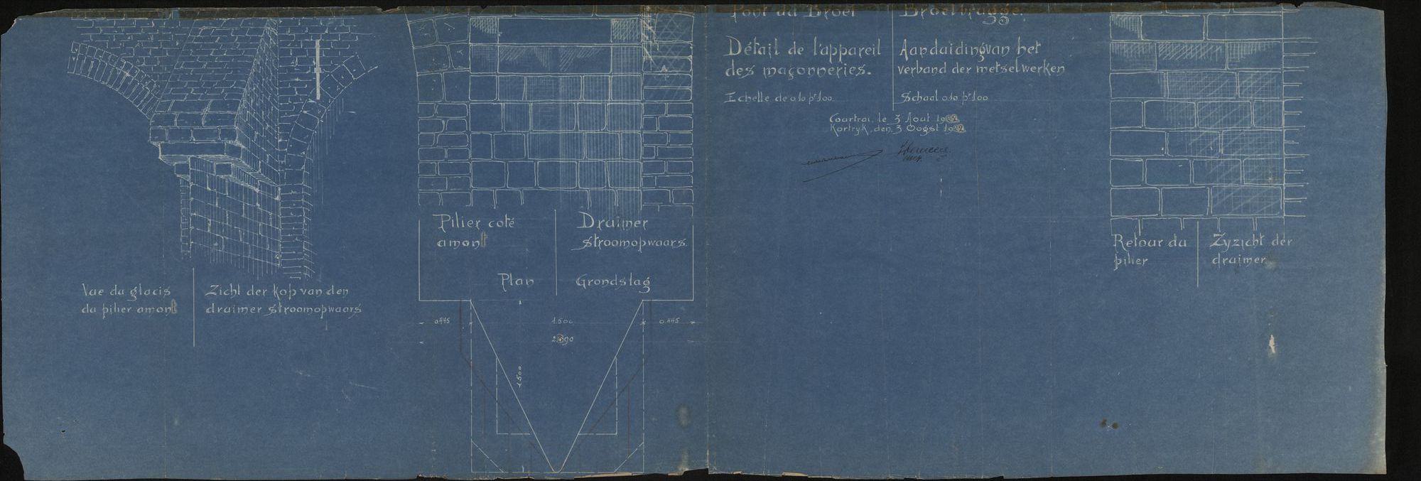 Plattegronden i.v.m. herstellingen aan de Broelbrug op de Leie te Kortrijk en de aanpalende kaaimuren die gedurende de vijandelijkheden waren vernield, 1922