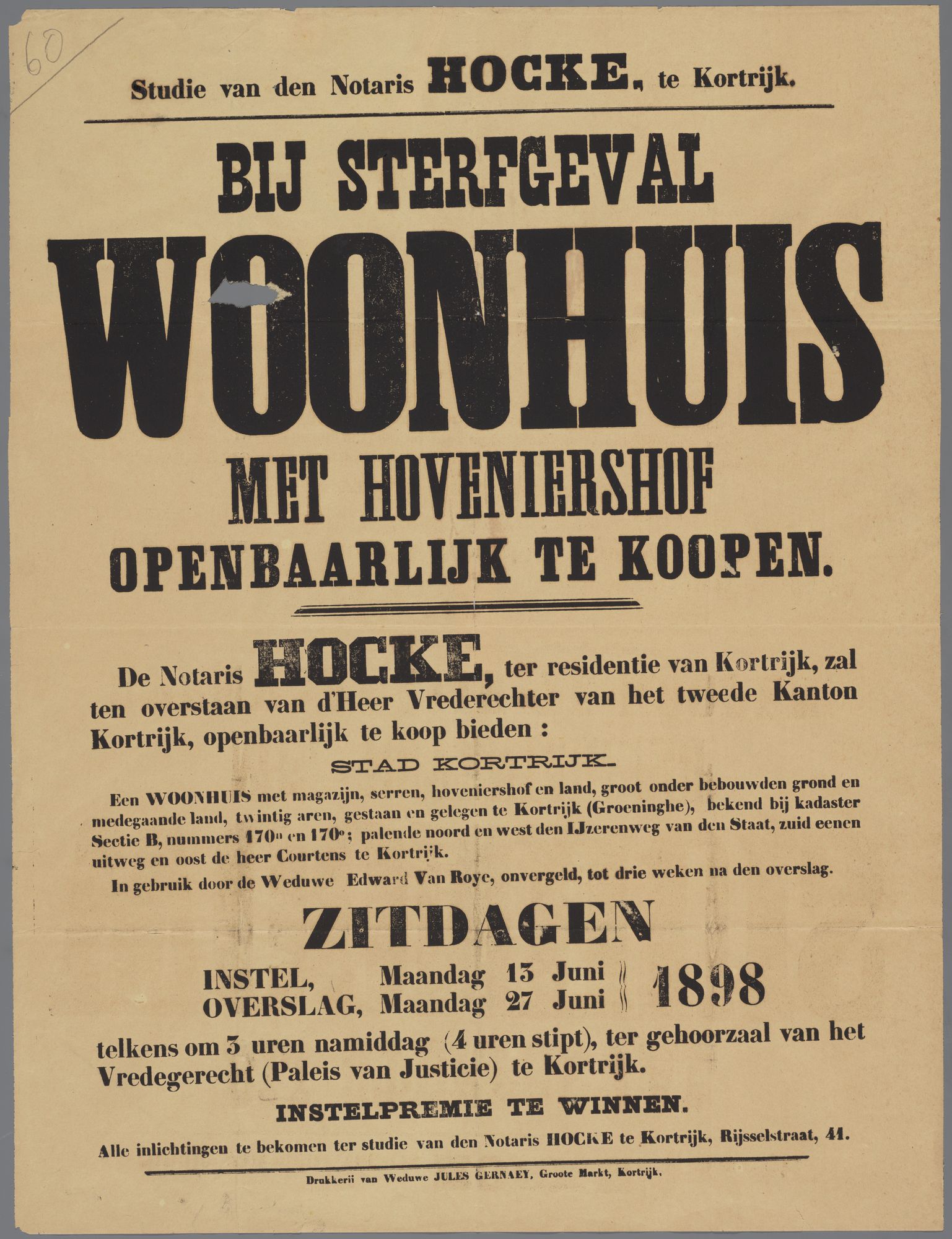 Verkoop woonhuis te Kortrijk 1898