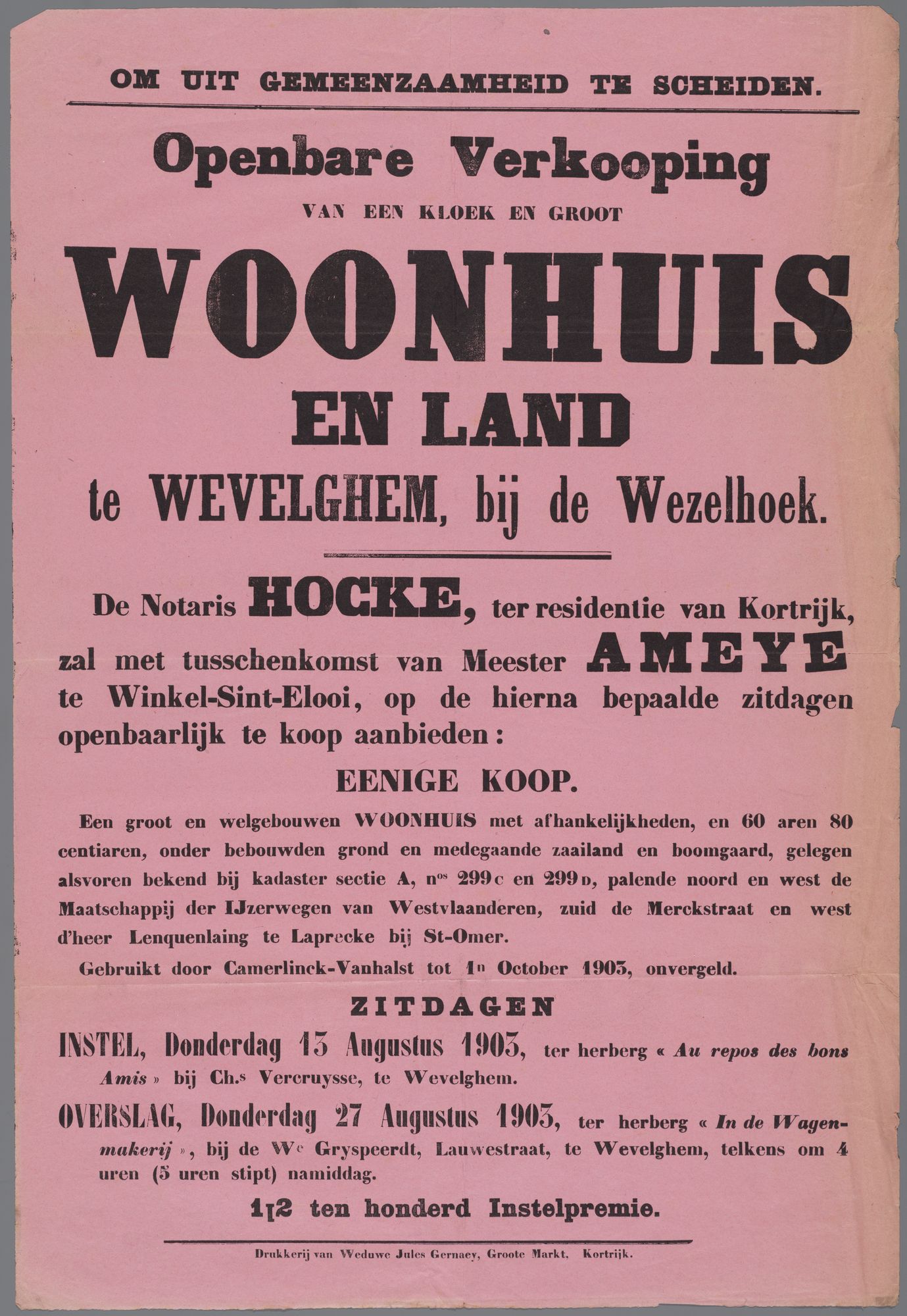 Verkoop woonhuis en land te Wevelgem 1903