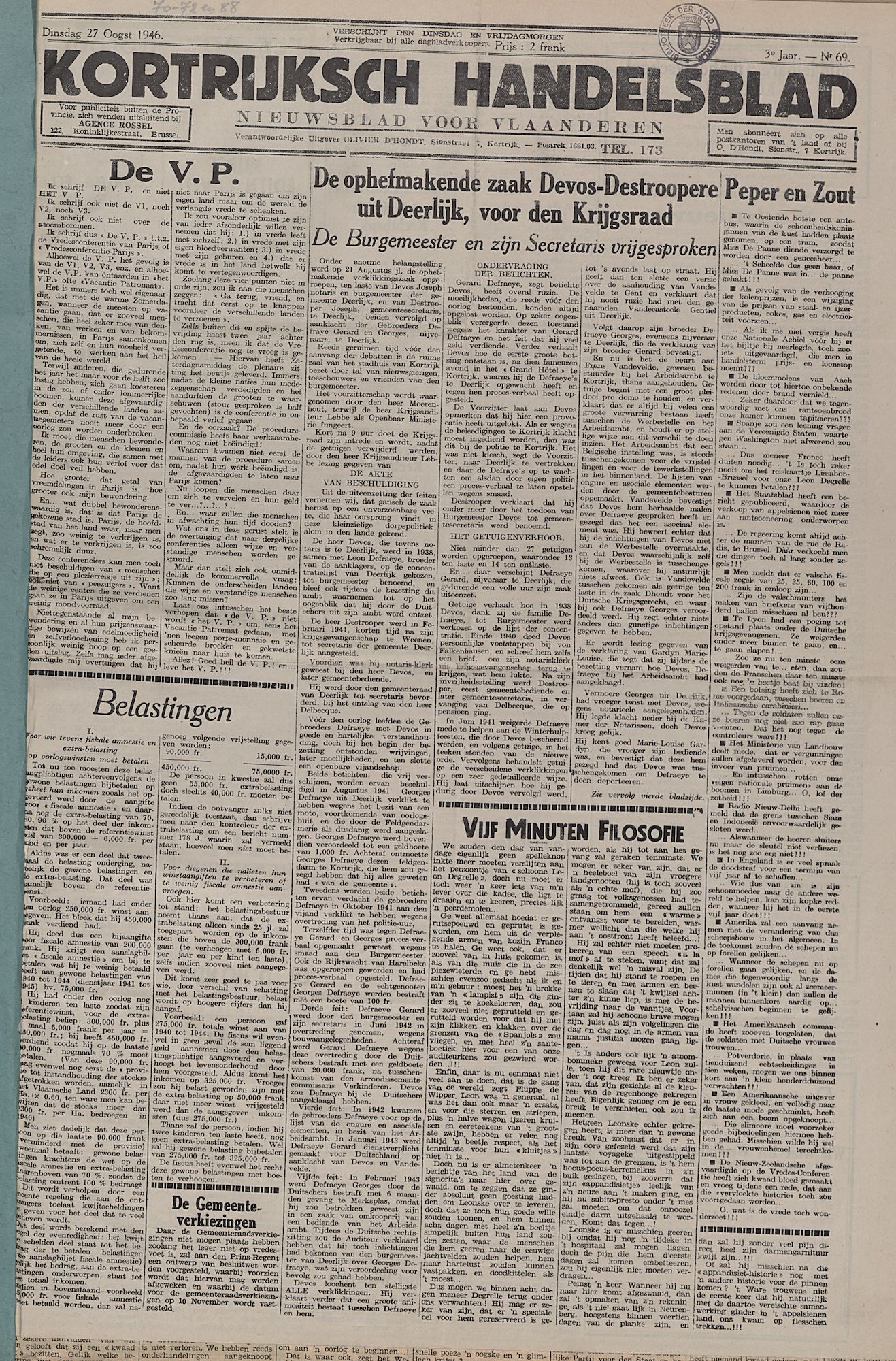 Kortrijksch Handelsblad 27 augustus 1946 Nr69 p1