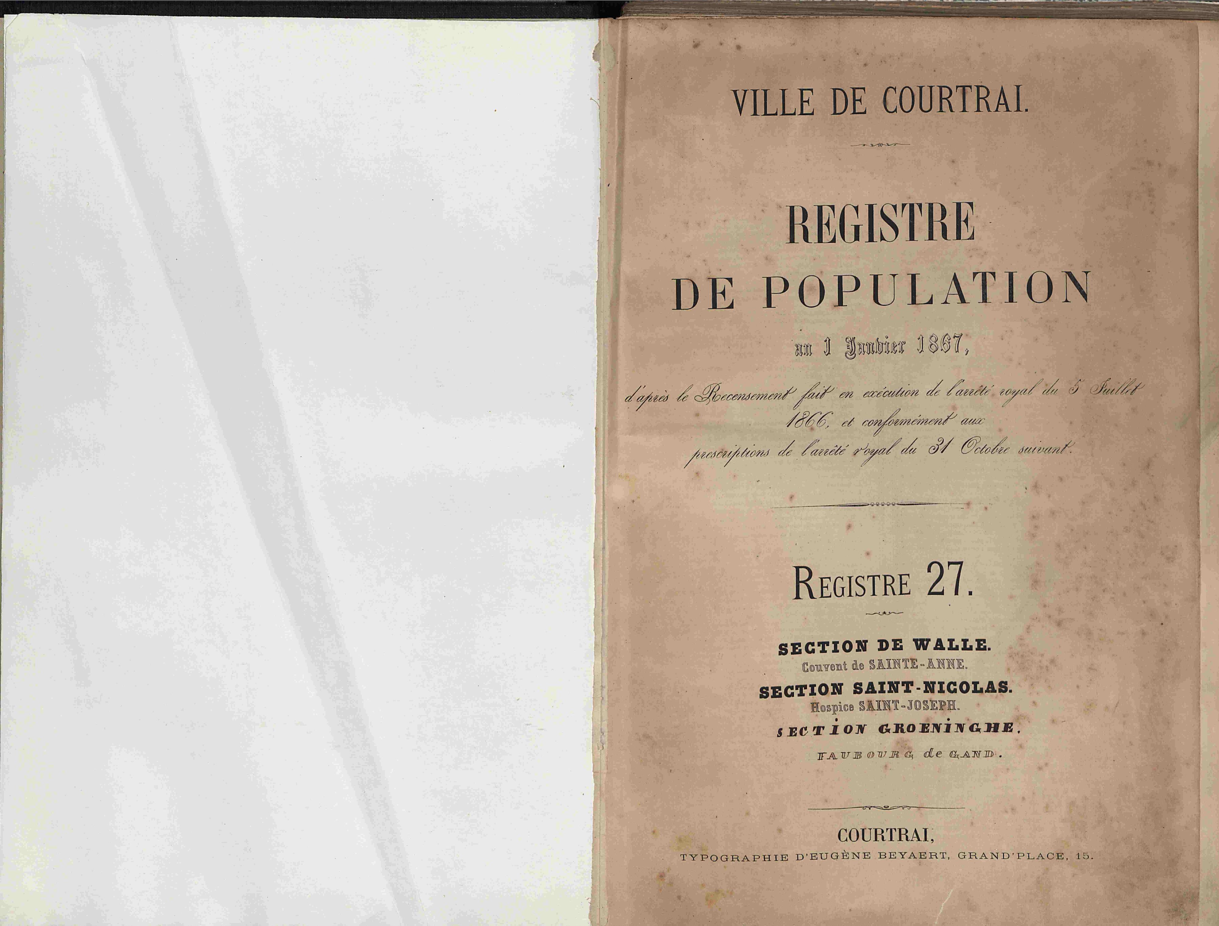 Bevolkingsregister Kortrijk 1866 boek 27