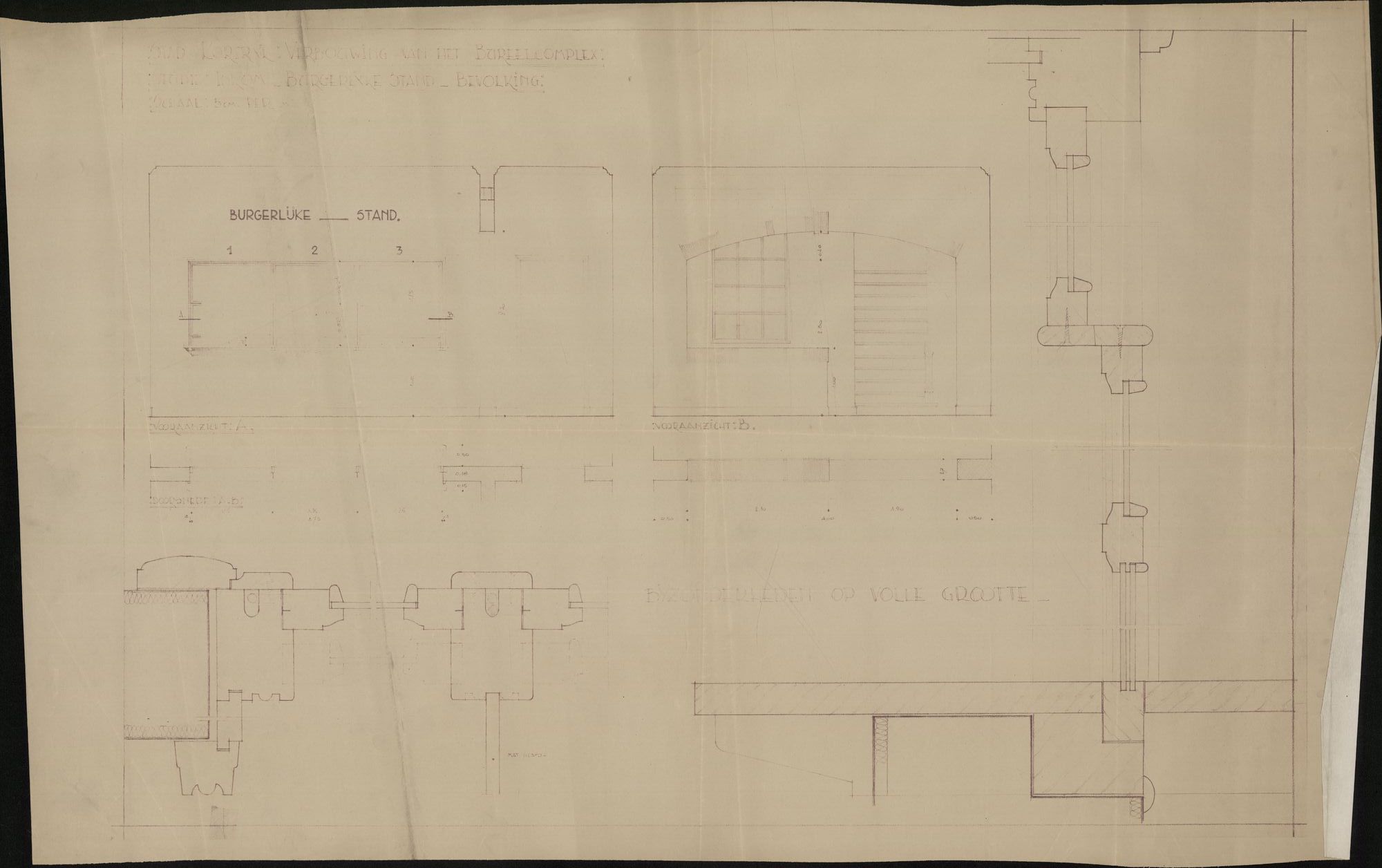 Plattegronden van de verbouwing van de burelen van de dienst van de burgerlijke stand en de dienst bevolking in het stadhuis te Kortrijk. Ontwerpen van kasten voor de technische dienst, 19de-20ste eeuw.