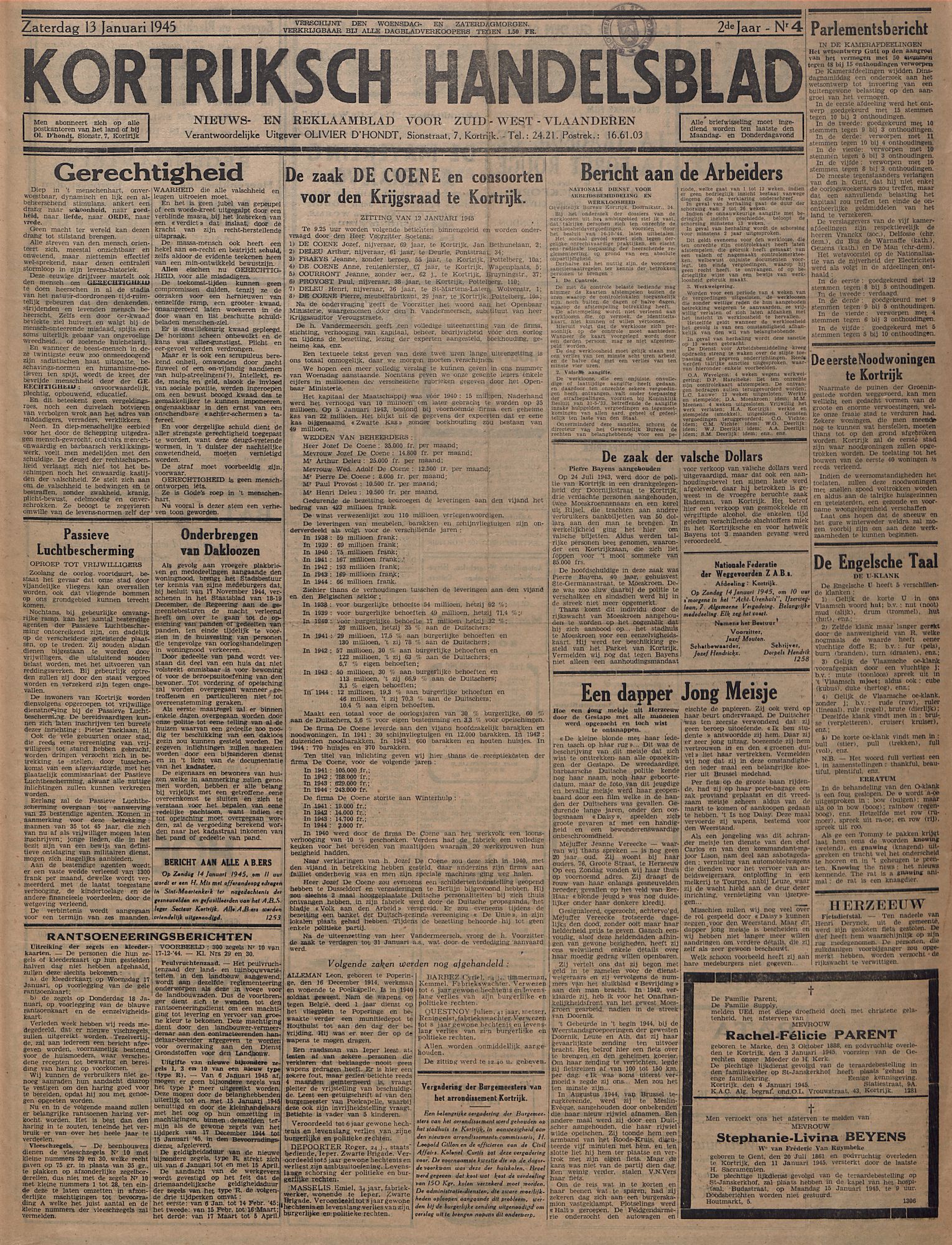 Kortrijksch Handelsblad 13 januari 1945 Nr4 p1